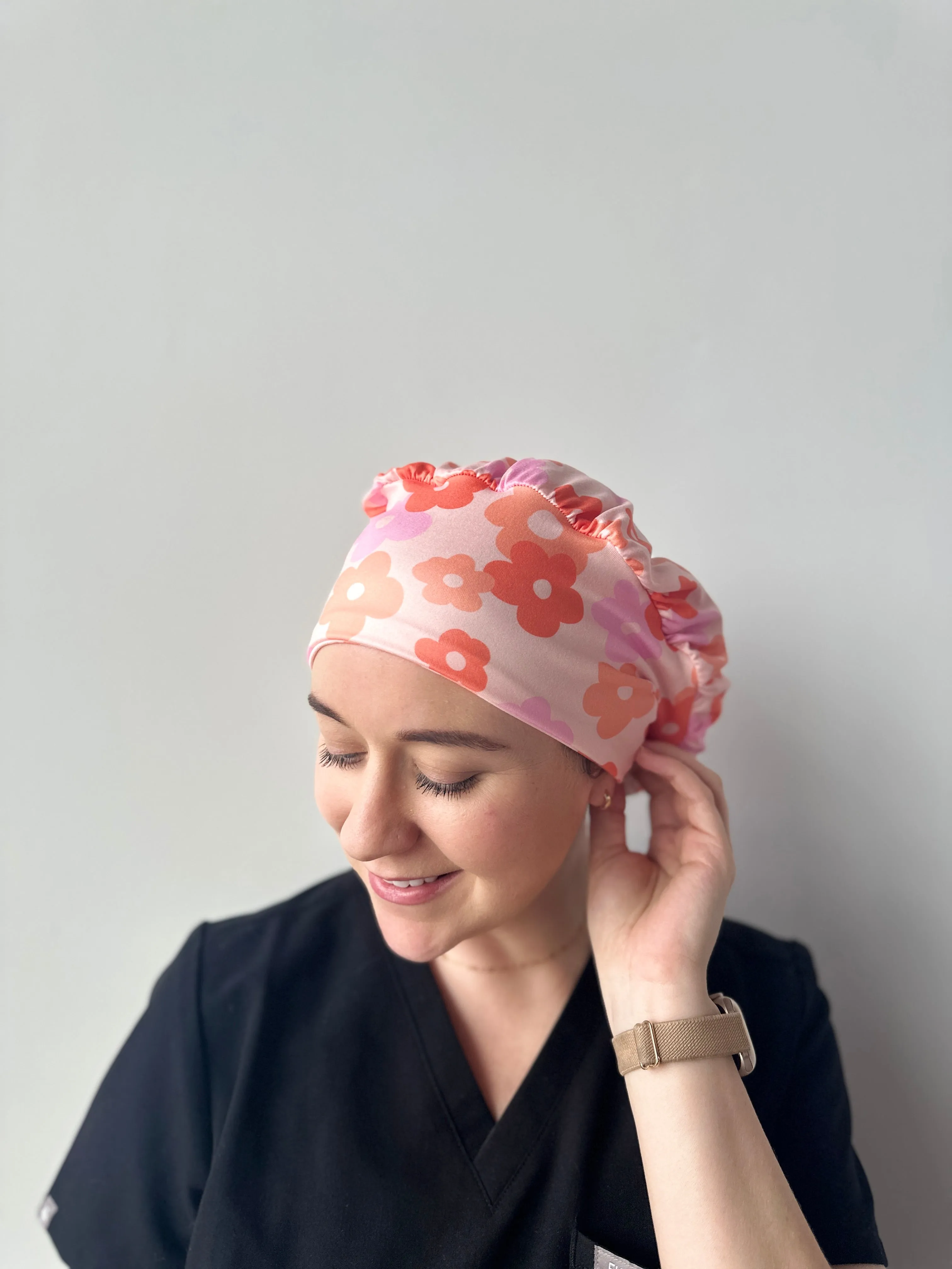 Scrub Hat - Pink & Orange Groovy Flowers