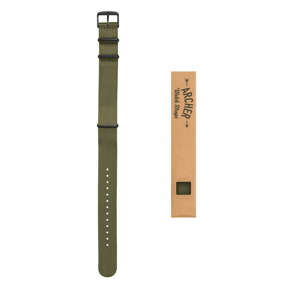 Seat Belt Nylon Military Style Watch Band - Olive, Black Hardware