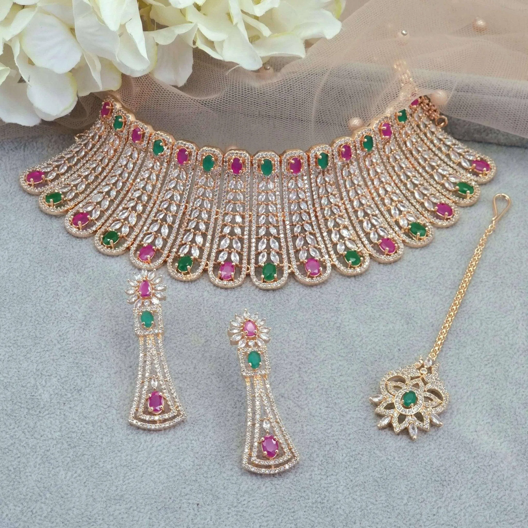 Sheena Bridal Choker Set Rose Gold Ruby Green