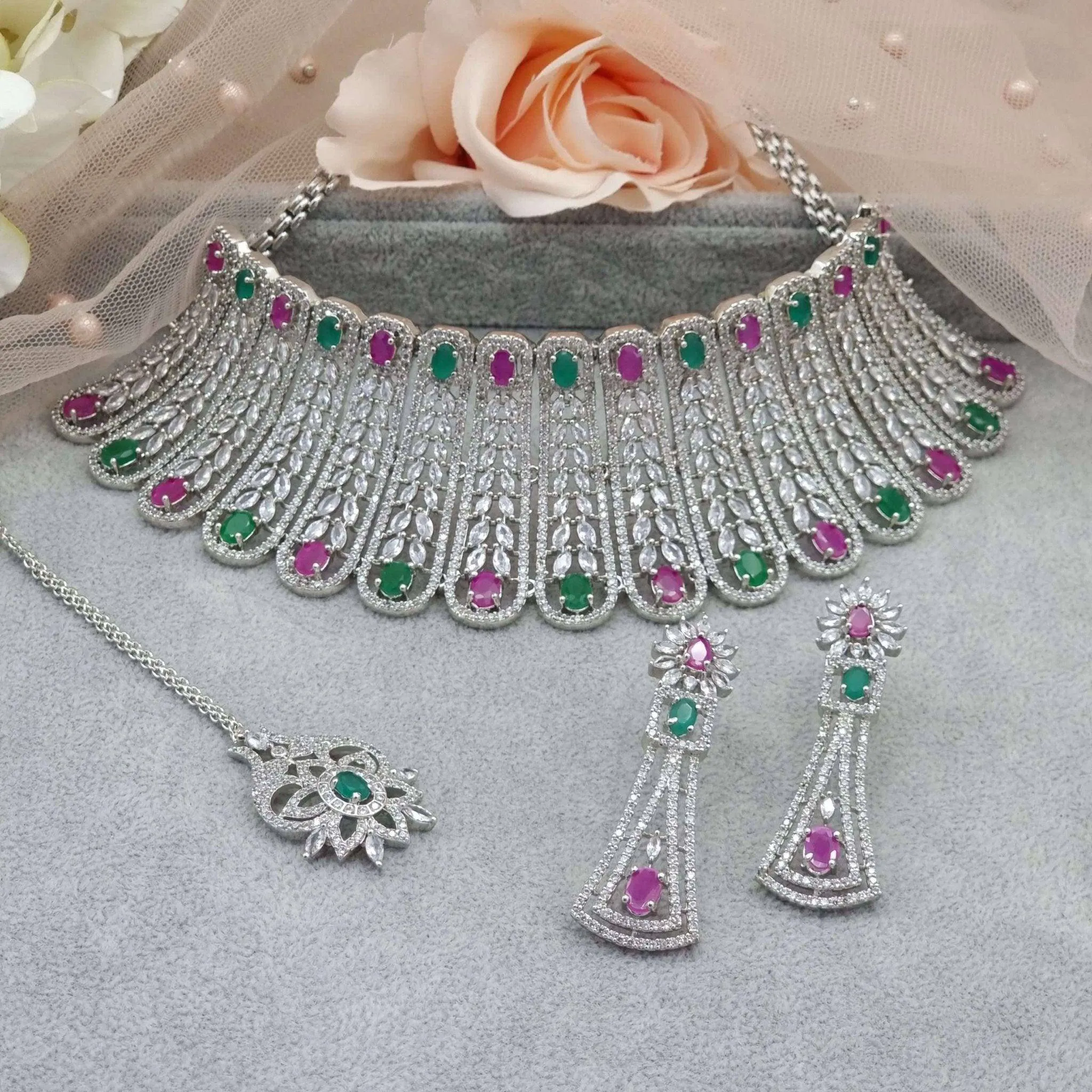 Sheena Bridal Choker Set Silver Ruby Green