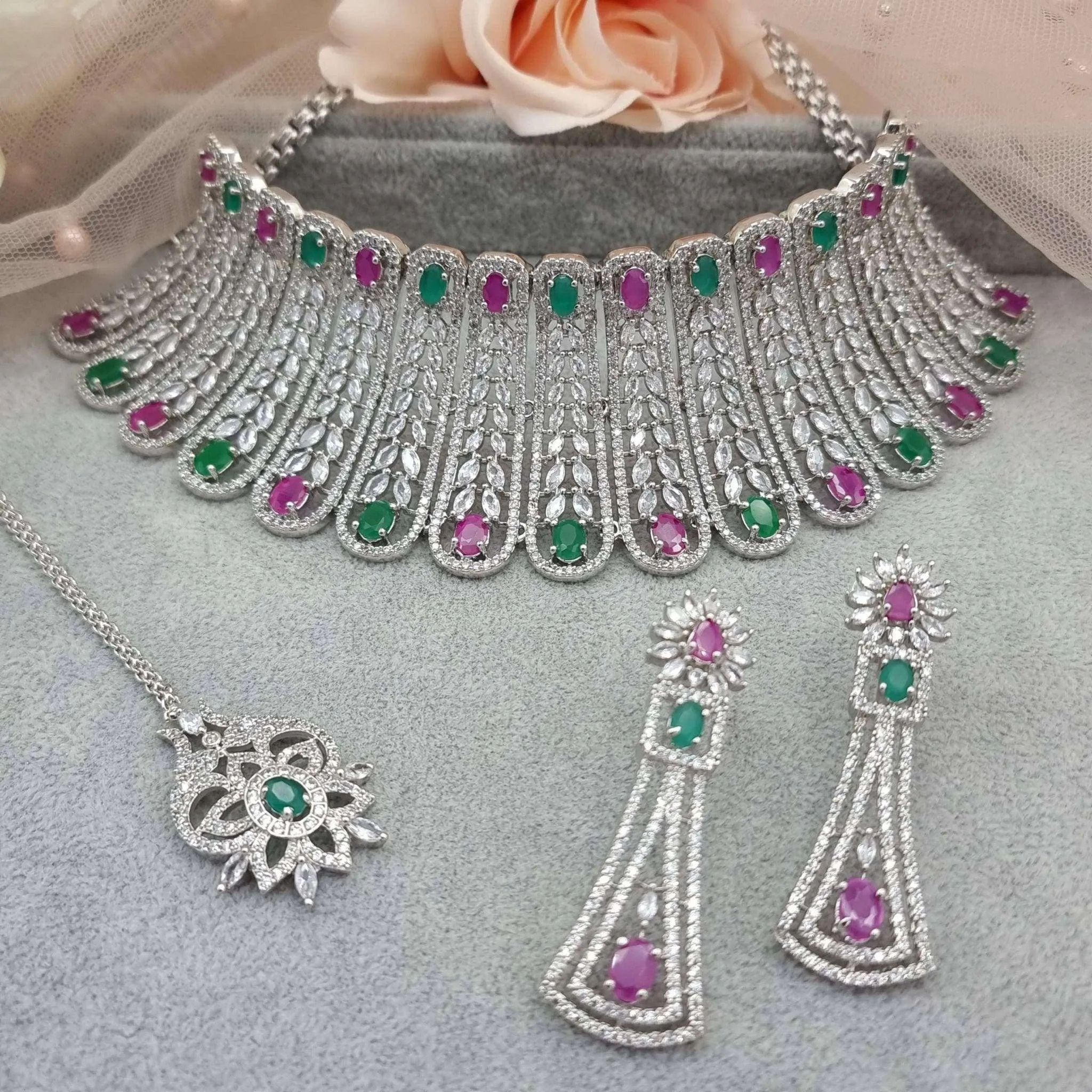 Sheena Bridal Choker Set Silver Ruby Green