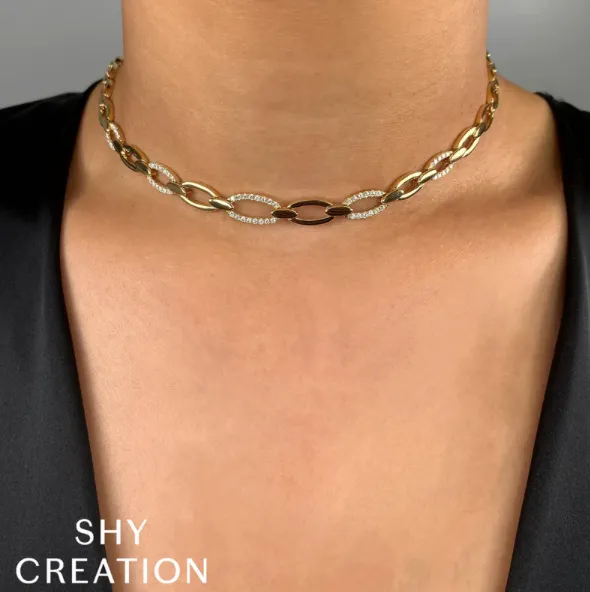 Shy Creation Alternating Diamond Oval Link Necklace