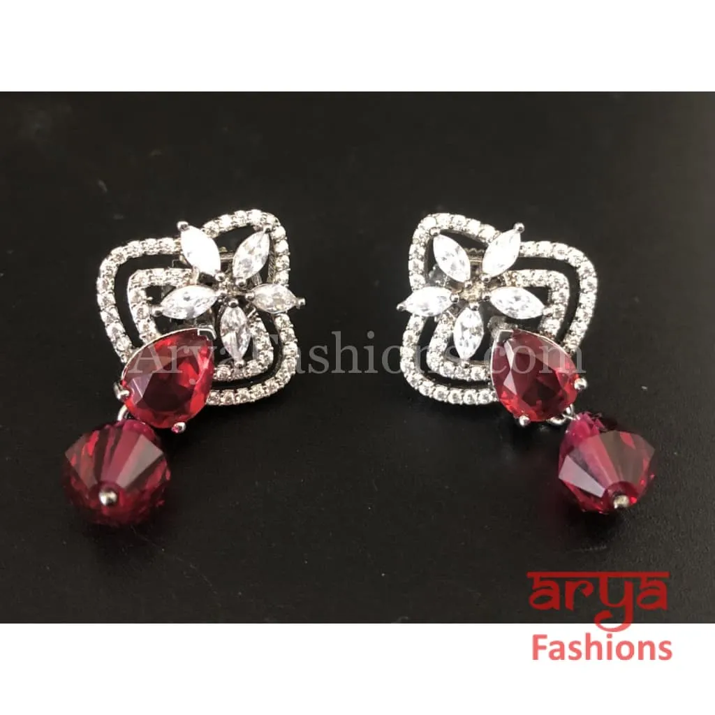 Silver Cubic Zirconia studs with dark Pink Beads