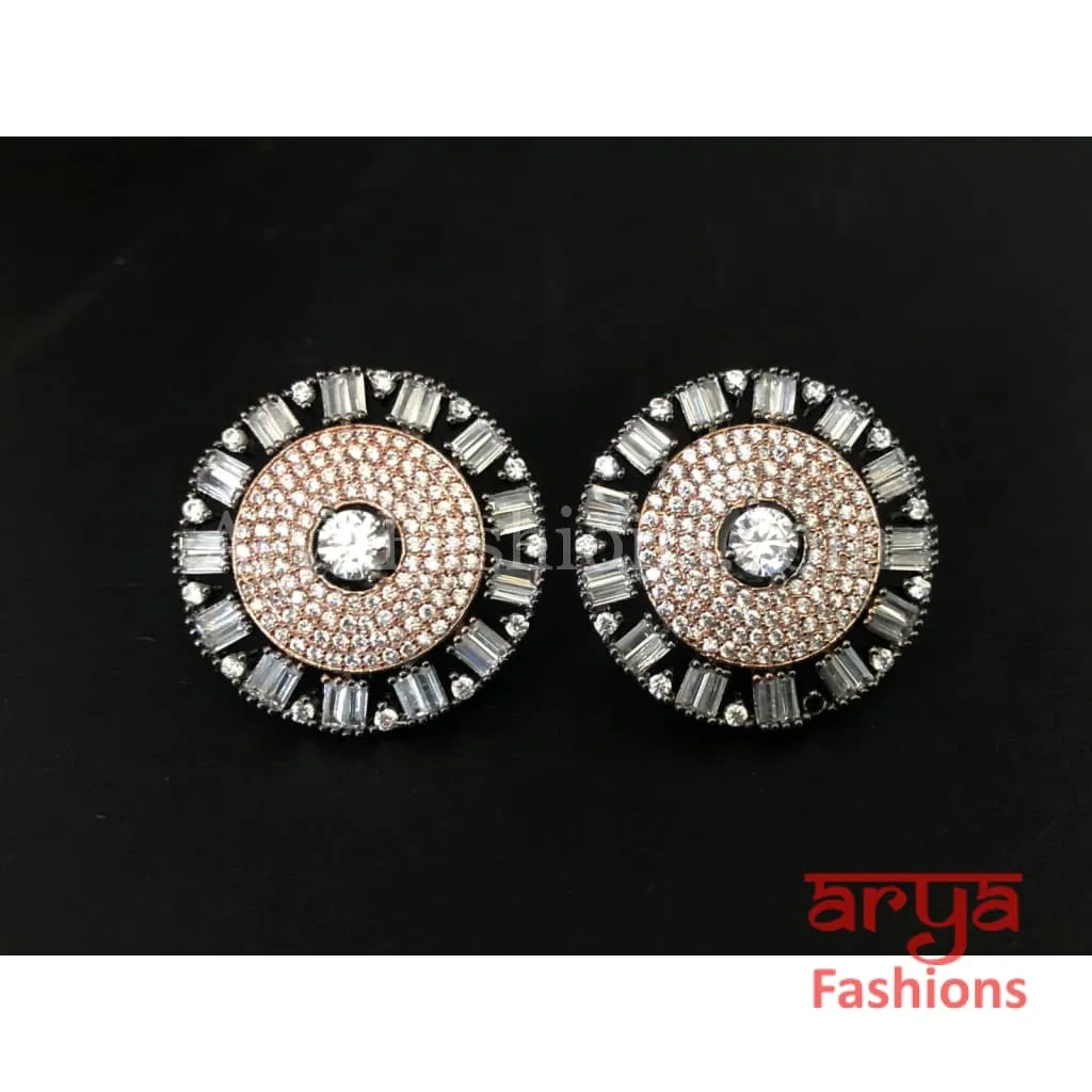 Silver CZ Round Cocktail Studs in Gray and Rose Gold finish