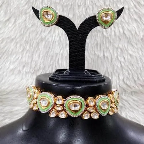 Simple Meena Kundan Ad Choker Necklace Set