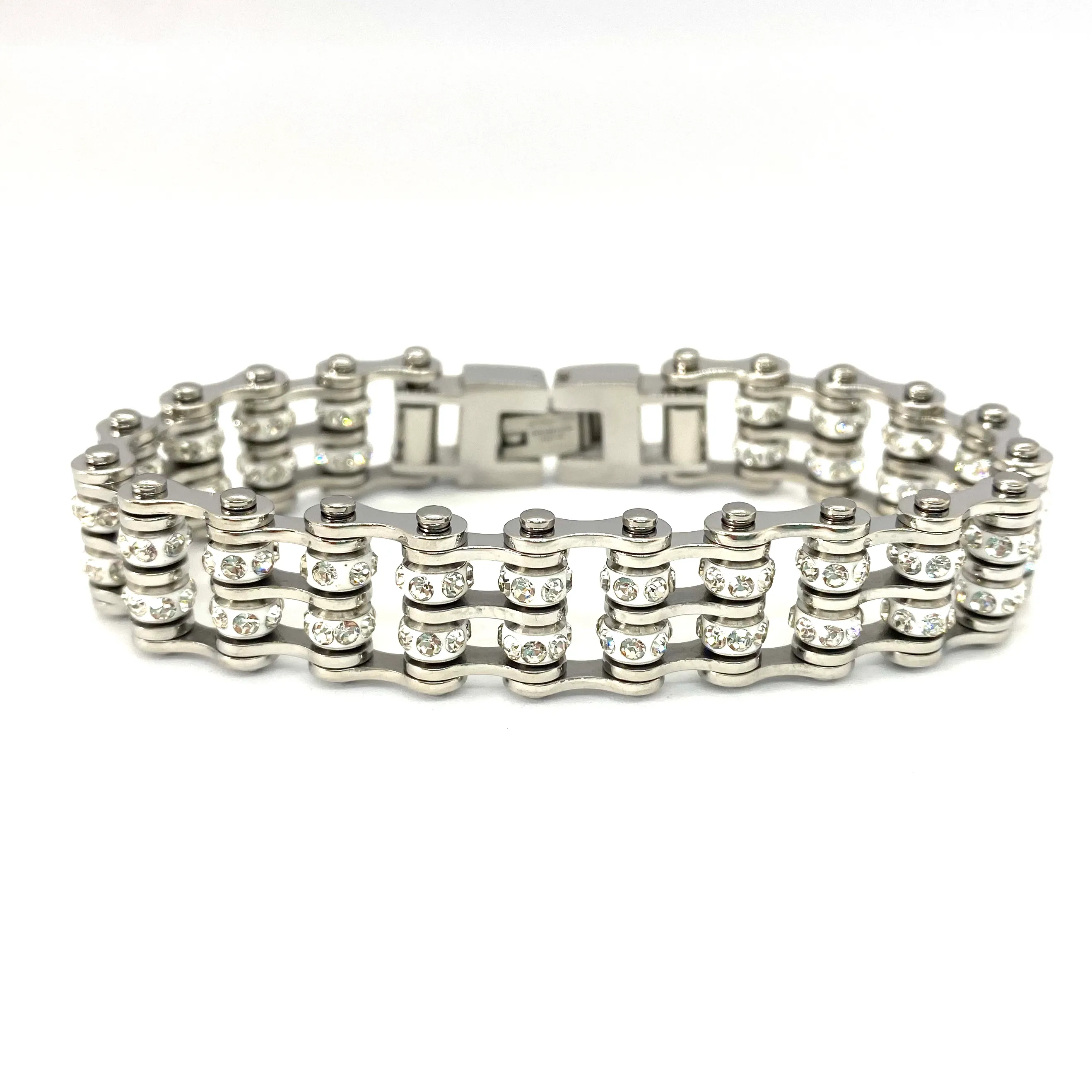 SK2800 3/4" Wide DOUBLE WIDE MINI SIZE Silver color with white crystal center - Stainless Steel Motorcycle Bike Chain Bracelet