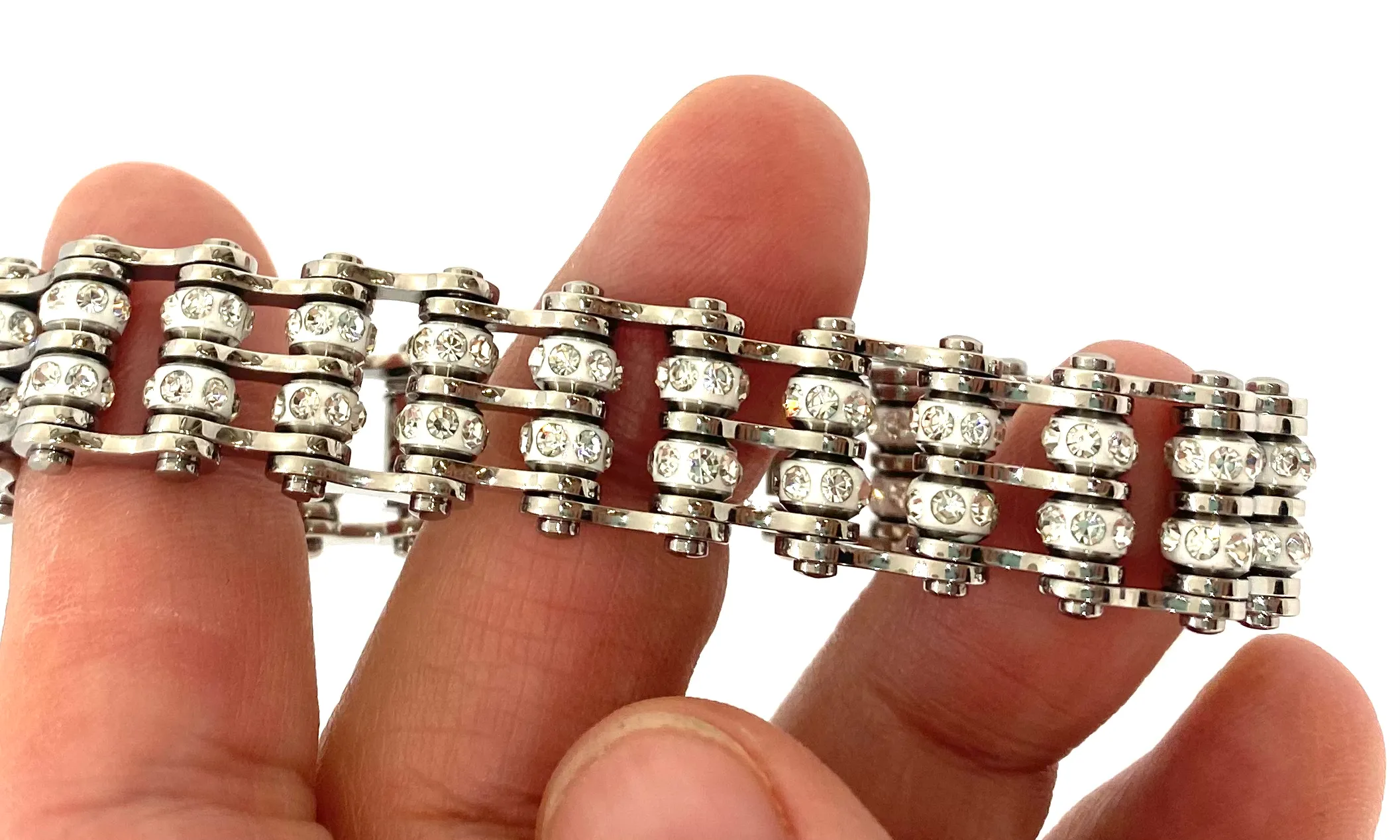 SK2800 3/4" Wide DOUBLE WIDE MINI SIZE Silver color with white crystal center - Stainless Steel Motorcycle Bike Chain Bracelet