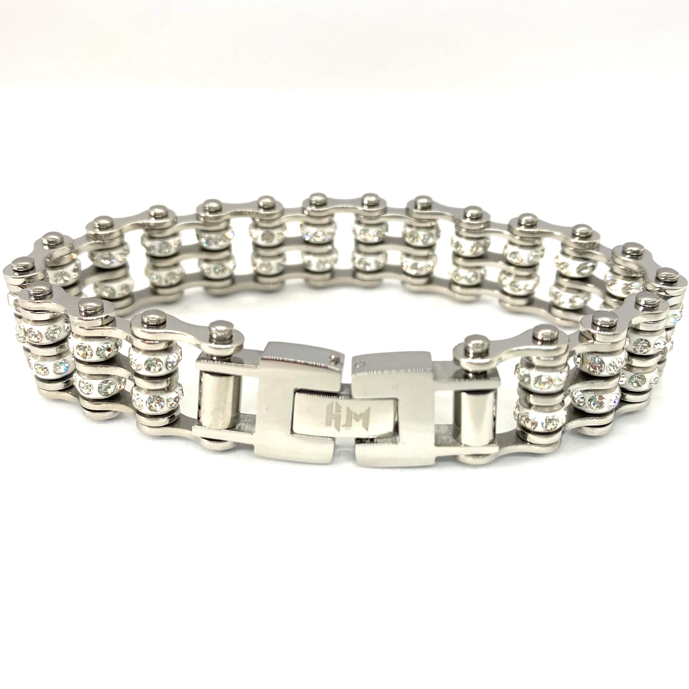 SK2800 3/4" Wide DOUBLE WIDE MINI SIZE Silver color with white crystal center - Stainless Steel Motorcycle Bike Chain Bracelet