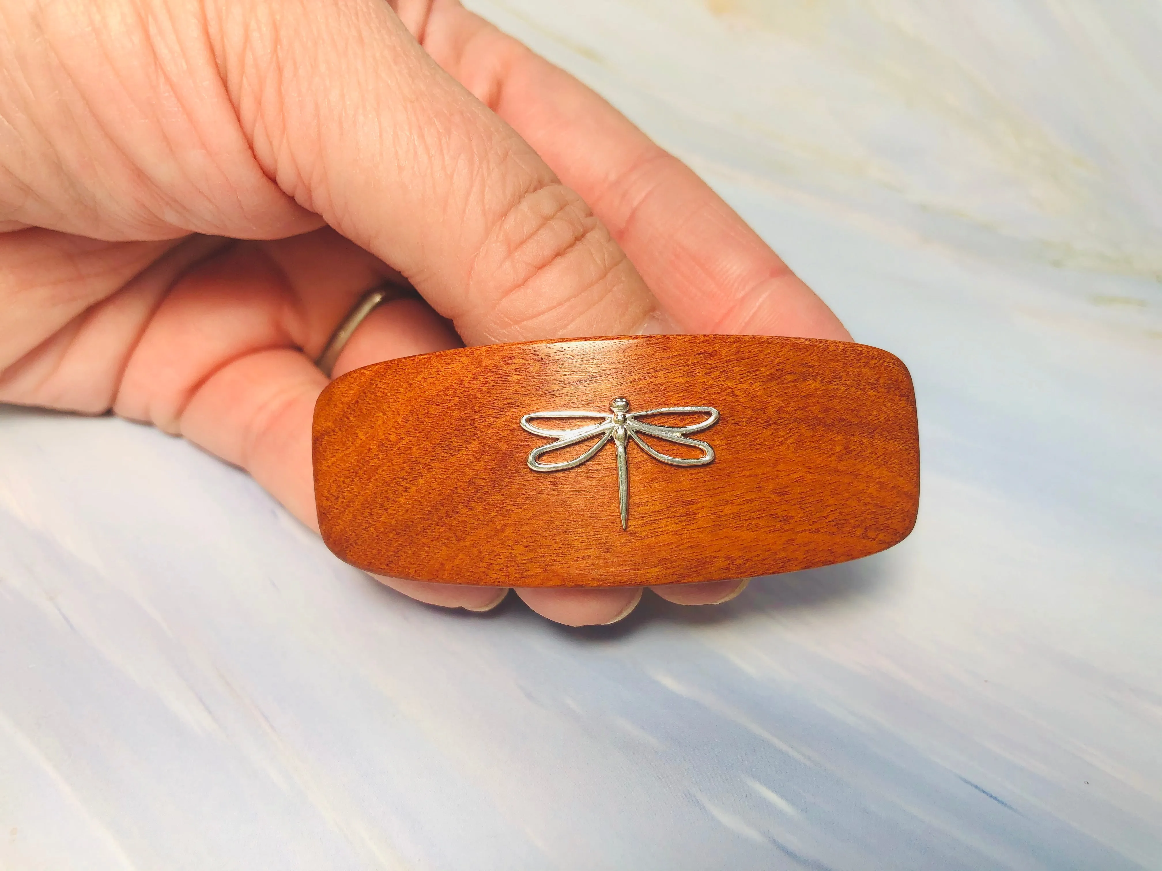 Small Pink Ivory Dragonfly Barrette, Sterling Silver hair clip wooden barrette