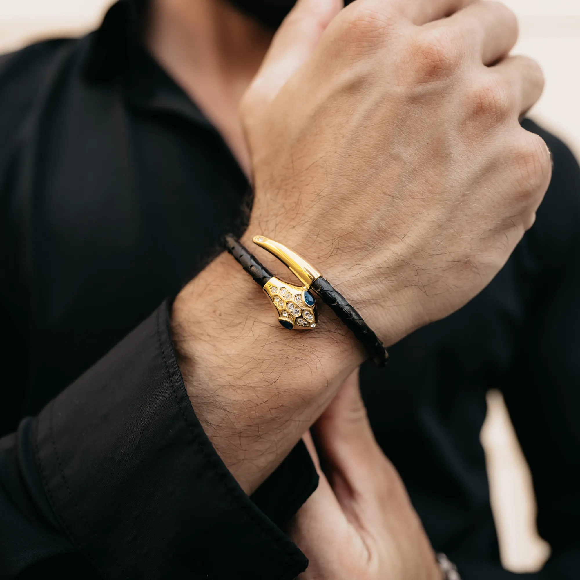 Snake Head Bracelet - Black Python with Zircon