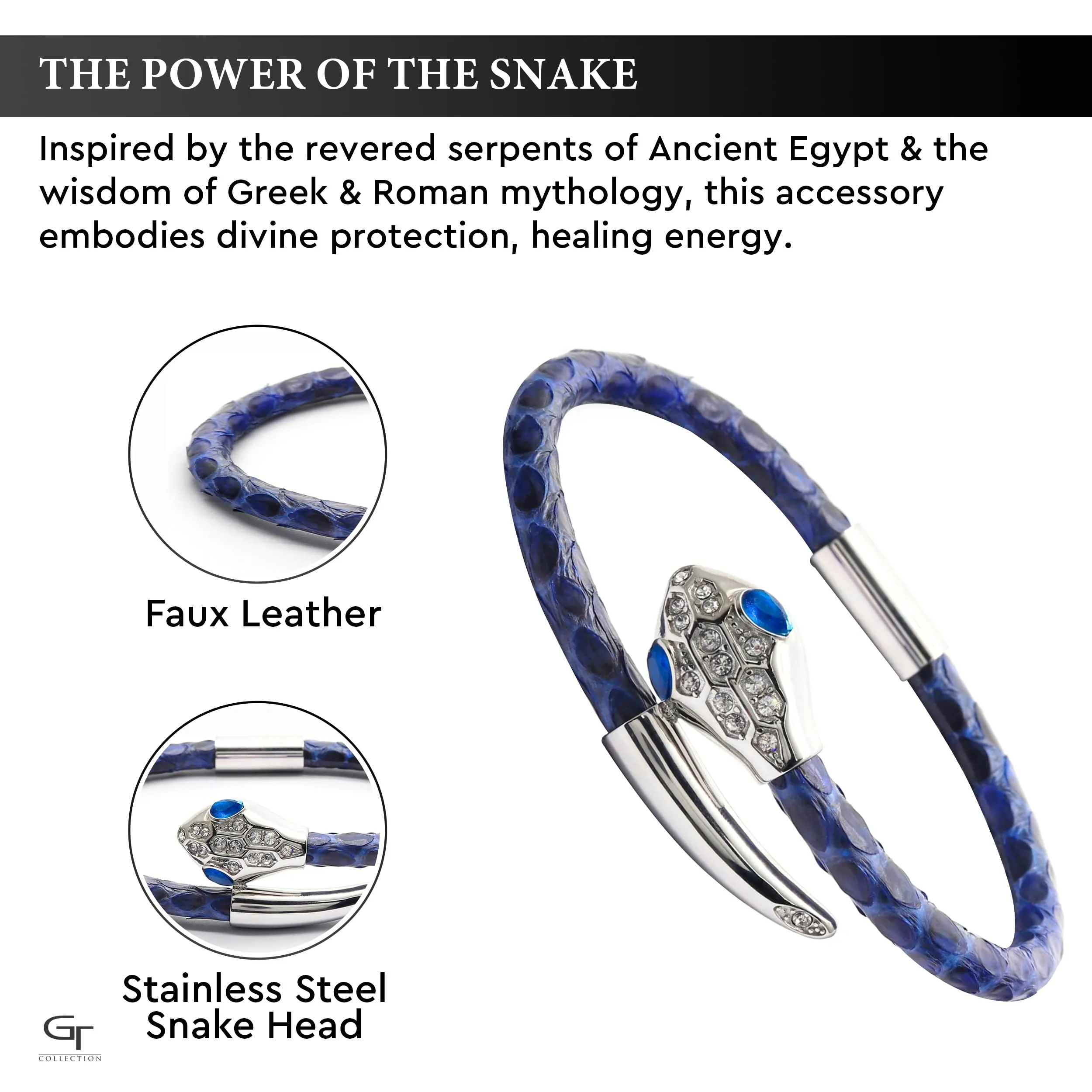 Snake Head Bracelet - Blue Leather with Zircon