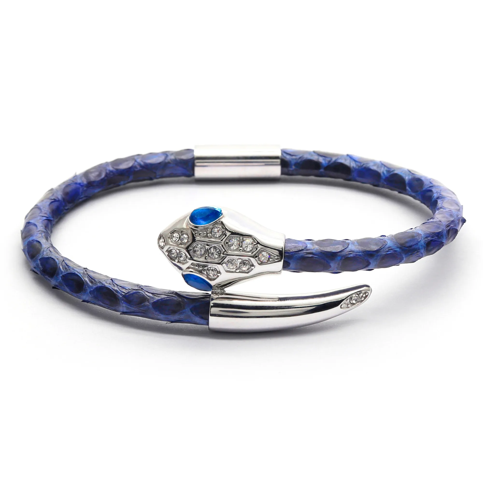 Snake Head Bracelet - Blue Leather with Zircon