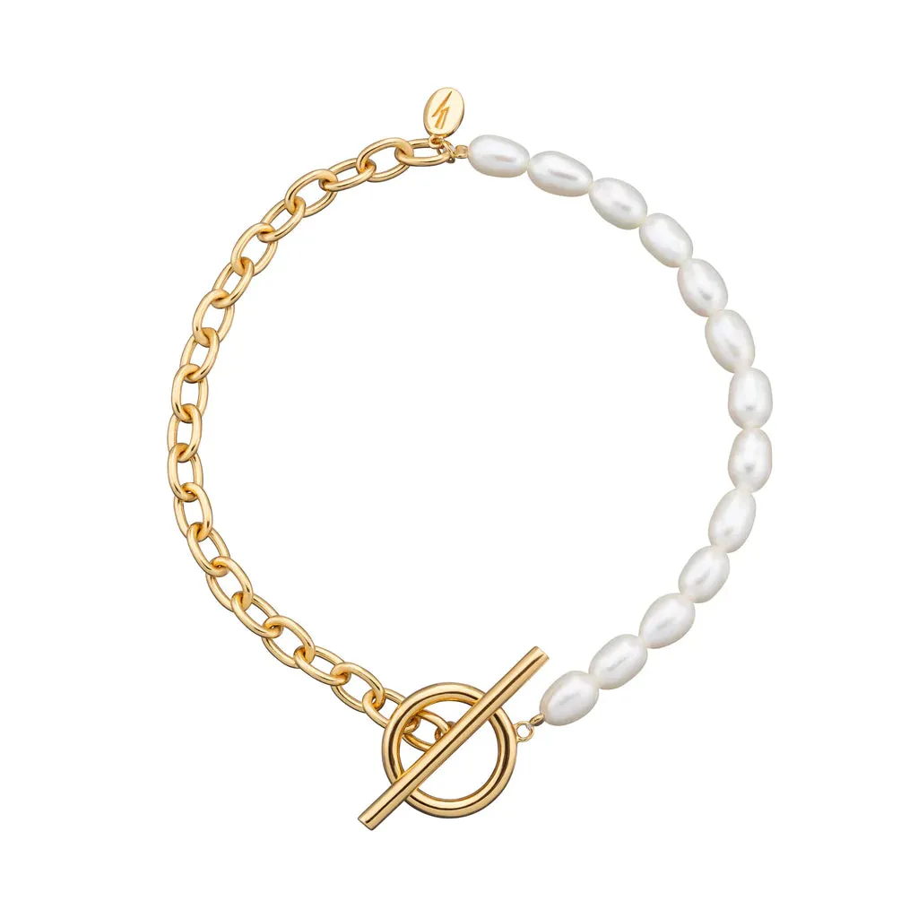 SPG-332 Hannah Martin Pearl & Chain T Bar Bracelet - Gold Plated