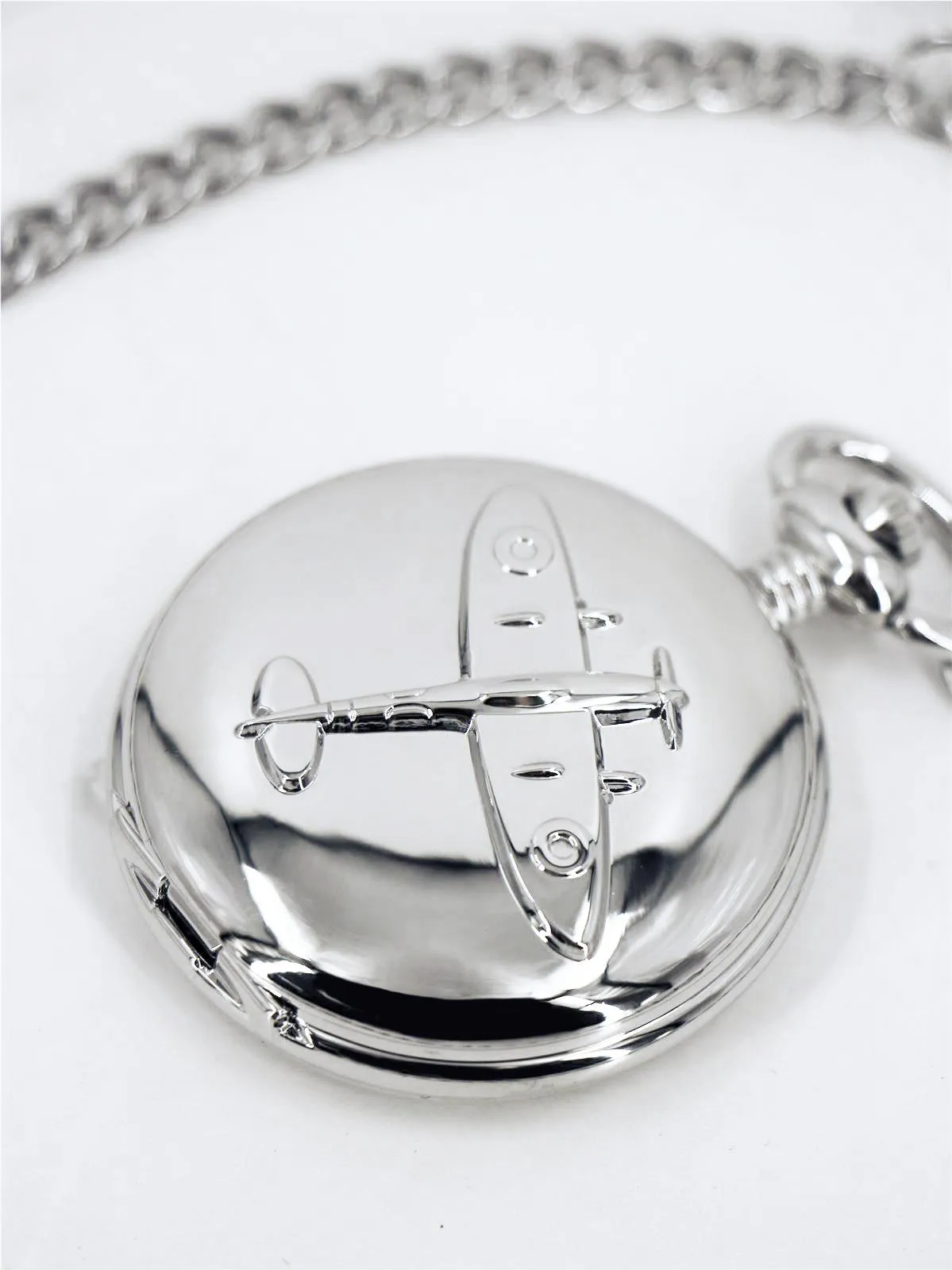 Spitfire Embossed Silver Quartz Pocket Fob Watch