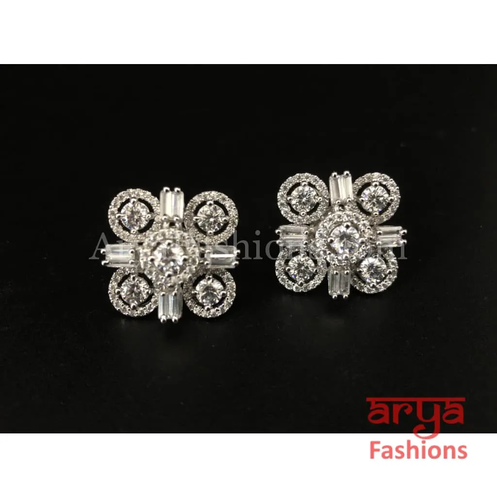 Square Elegant CZ Party Studs, Silver Cocktail Cubic Zirconia Studs