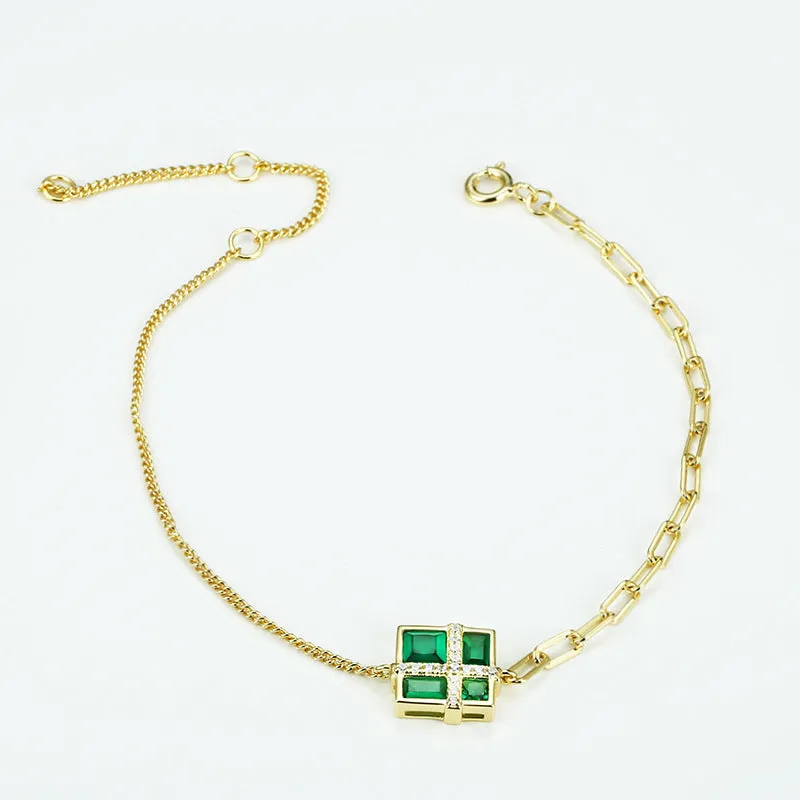 Square Green Zircon Two Style Chain Silver Bracelet for Women