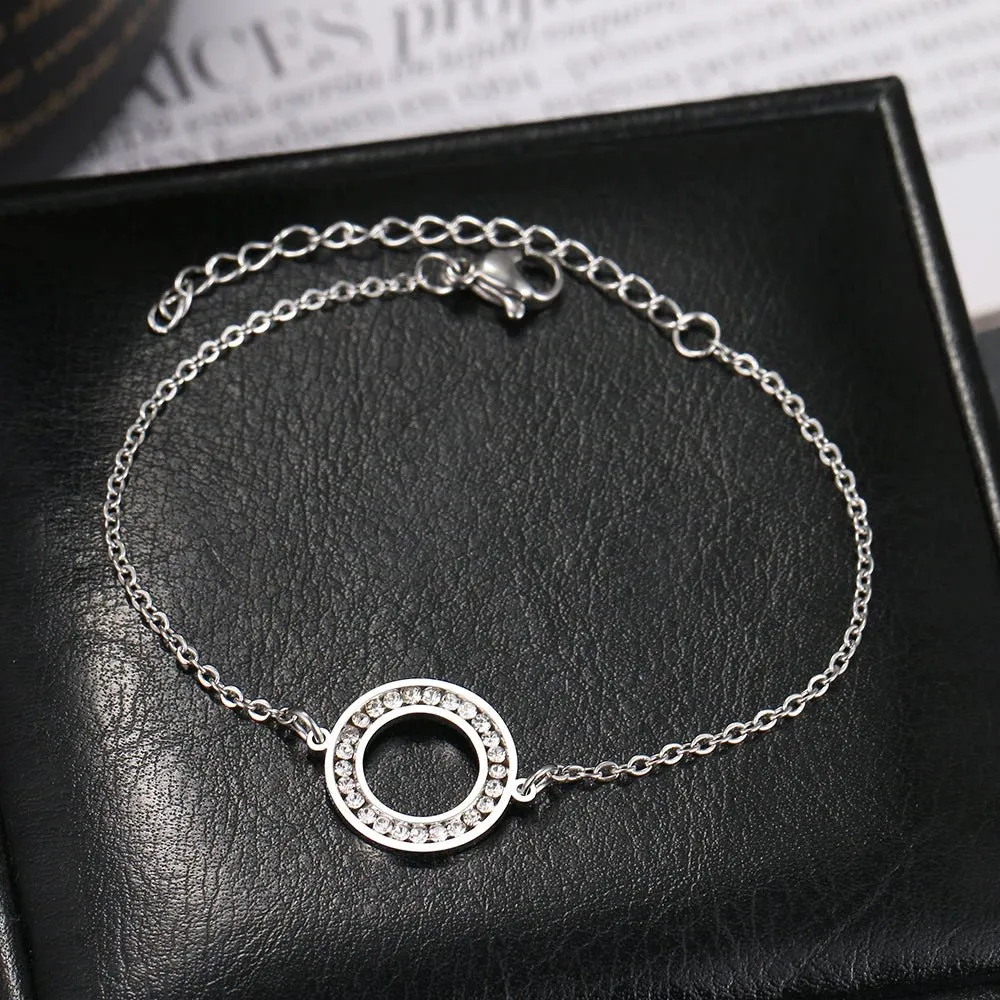 Stainless Steel Bracelets Crystal Zircon Hollow Round Fashion Best Chain Charm Bracelet For Women Jewelry Wedding Party Gifts