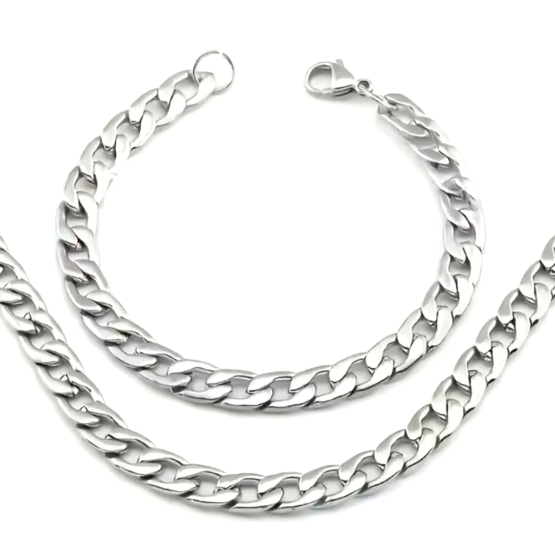 Stainless Steel Cuban Chain Hip Hop Style Necklace and Bracelet Set