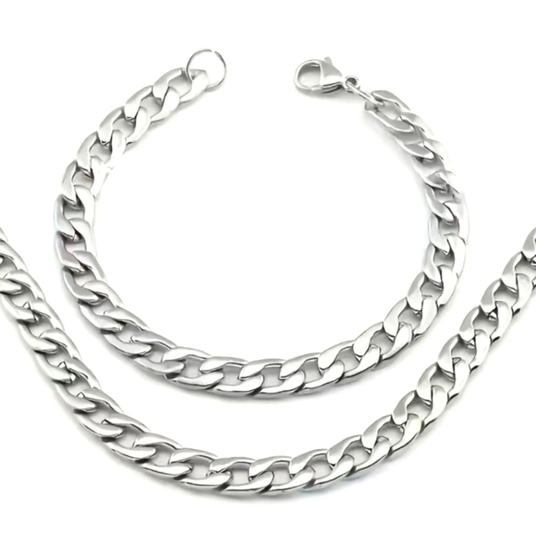 Stainless Steel Cuban Chain Hip Hop Style Necklace and Bracelet Set