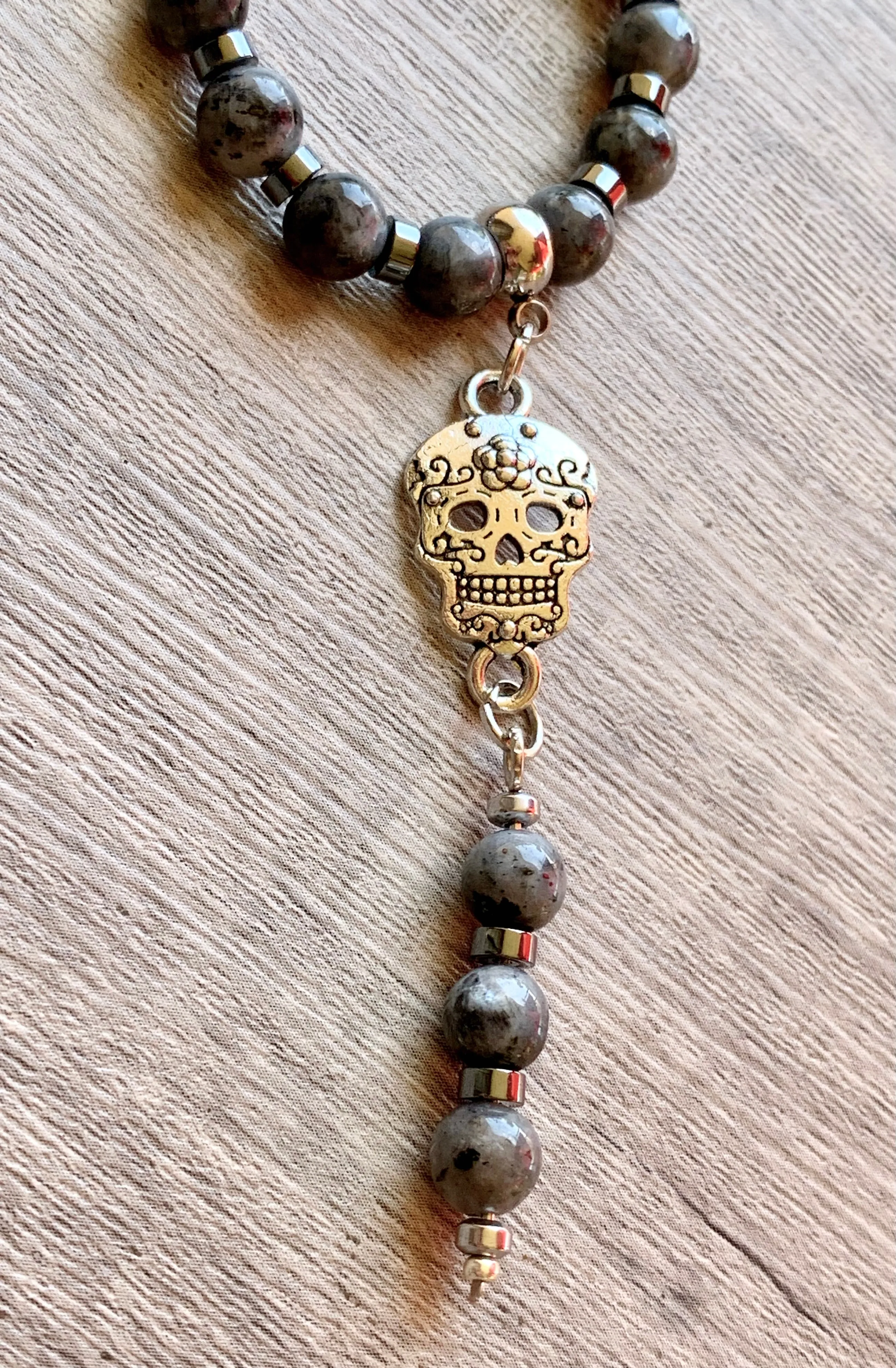 Stella Handmade Labradorite and Hematite 17" Choker with Skull Pendant