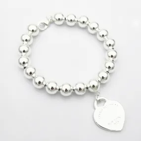 Sterling Silver Beaded Bracelet, Classic Fashion 8MM  Enamel Heart Pendant Bracelet