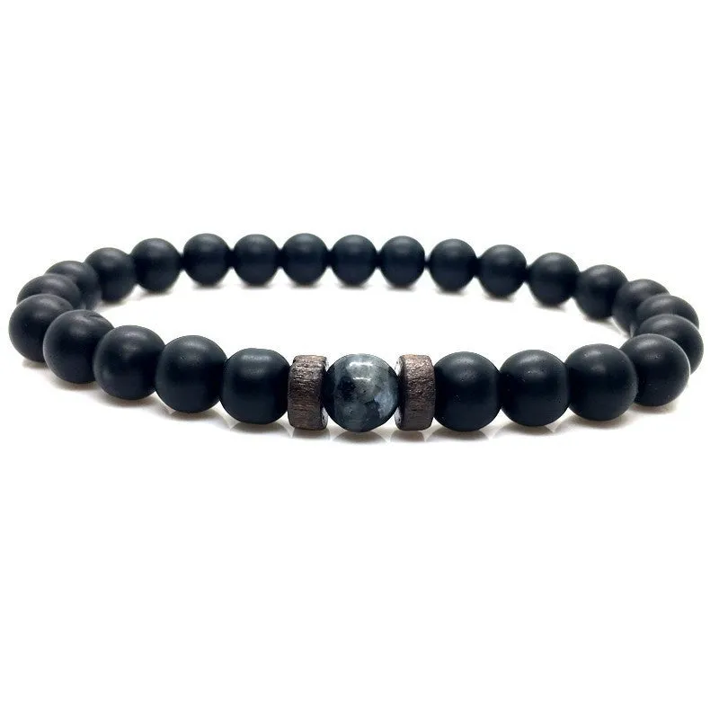 Stone Beaded 8mm Black Volcanic Stone Glitter Lapis Lazuli Men's Buddha Bead Bracelet