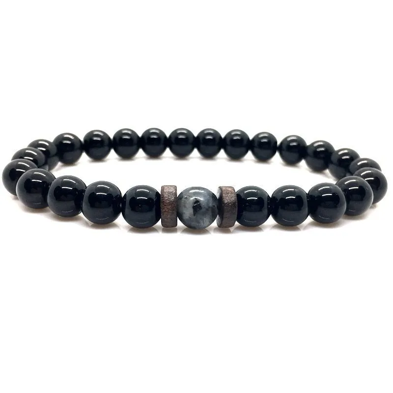 Stone Beaded 8mm Black Volcanic Stone Glitter Lapis Lazuli Men's Buddha Bead Bracelet