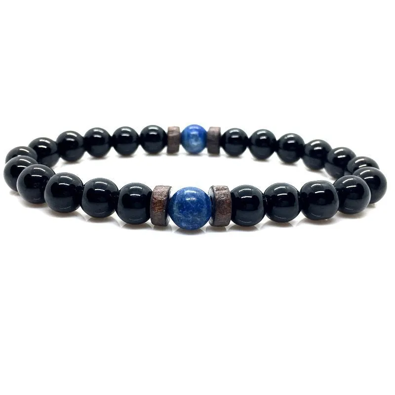 Stone Beaded 8mm Black Volcanic Stone Glitter Lapis Lazuli Men's Buddha Bead Bracelet