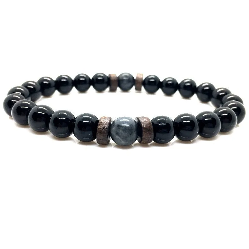 Stone Beaded 8mm Black Volcanic Stone Glitter Lapis Lazuli Men's Buddha Bead Bracelet