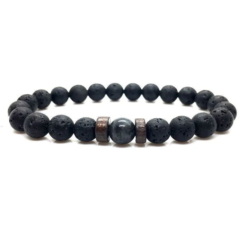 Stone Beaded 8mm Black Volcanic Stone Glitter Lapis Lazuli Men's Buddha Bead Bracelet