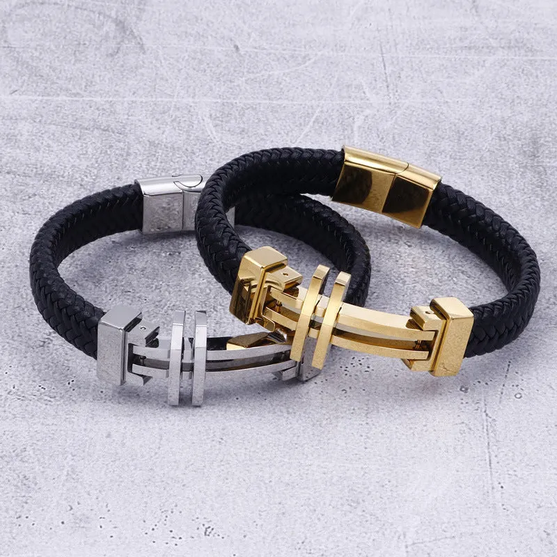 Stylish Retro Cowhide and Titanium Steel Men's Bracelet - European and American Trend