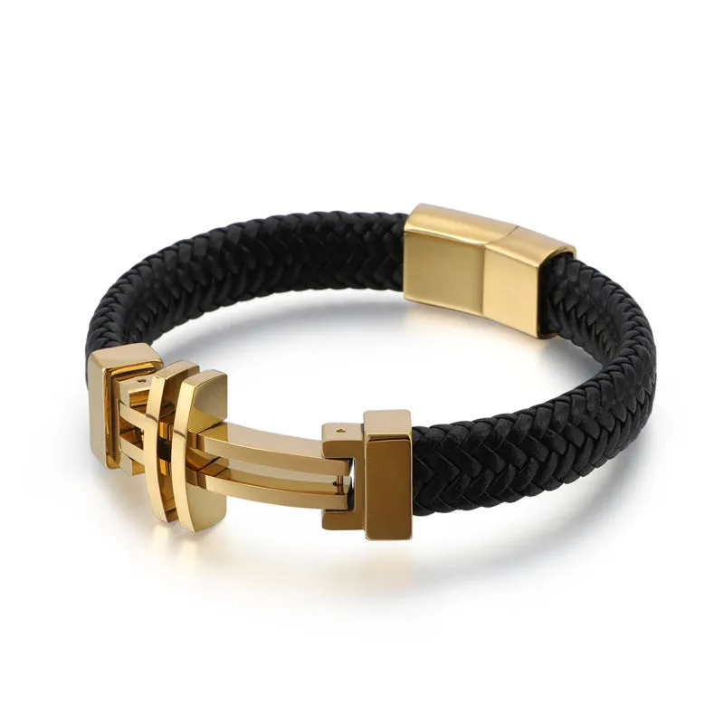 Stylish Retro Cowhide and Titanium Steel Men's Bracelet - European and American Trend