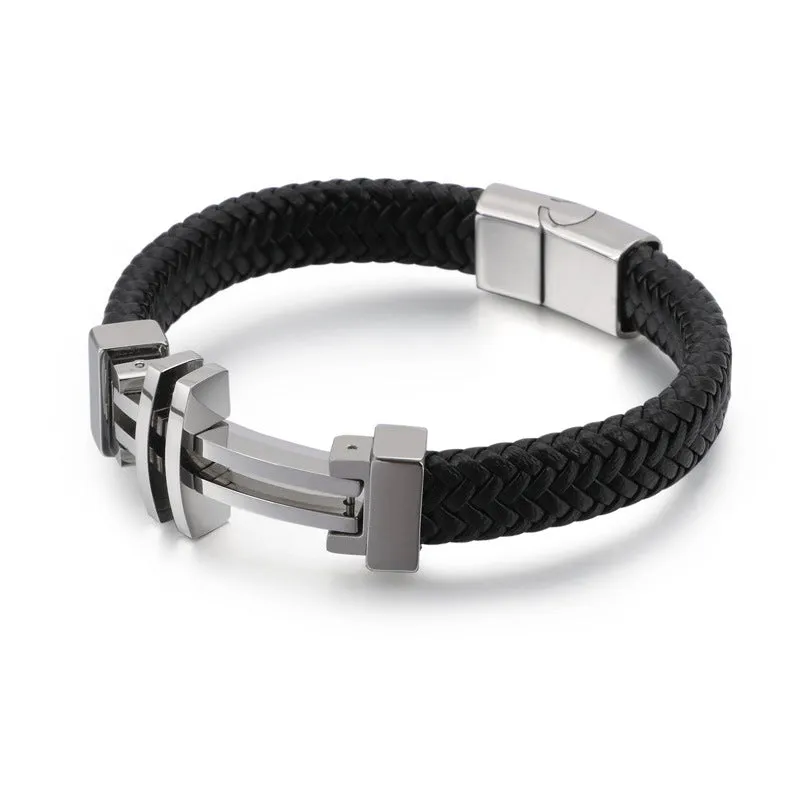 Stylish Retro Cowhide and Titanium Steel Men's Bracelet - European and American Trend