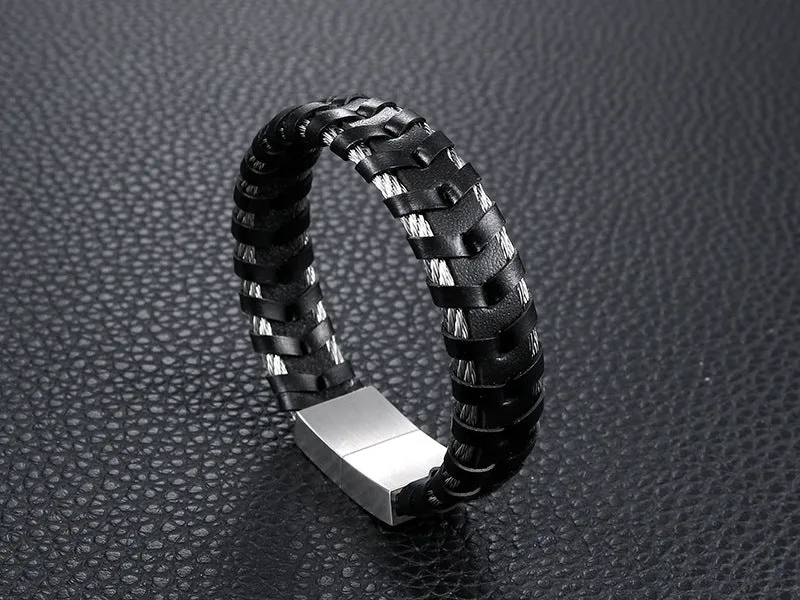 Stylish Titanium Steel and Leather Rope Bracelet for Men - Retro Personalized Jewelry