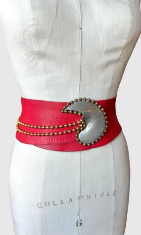 SUSAN HYMAN Vintage 80s Red Leather Moon Belt • Size Medium