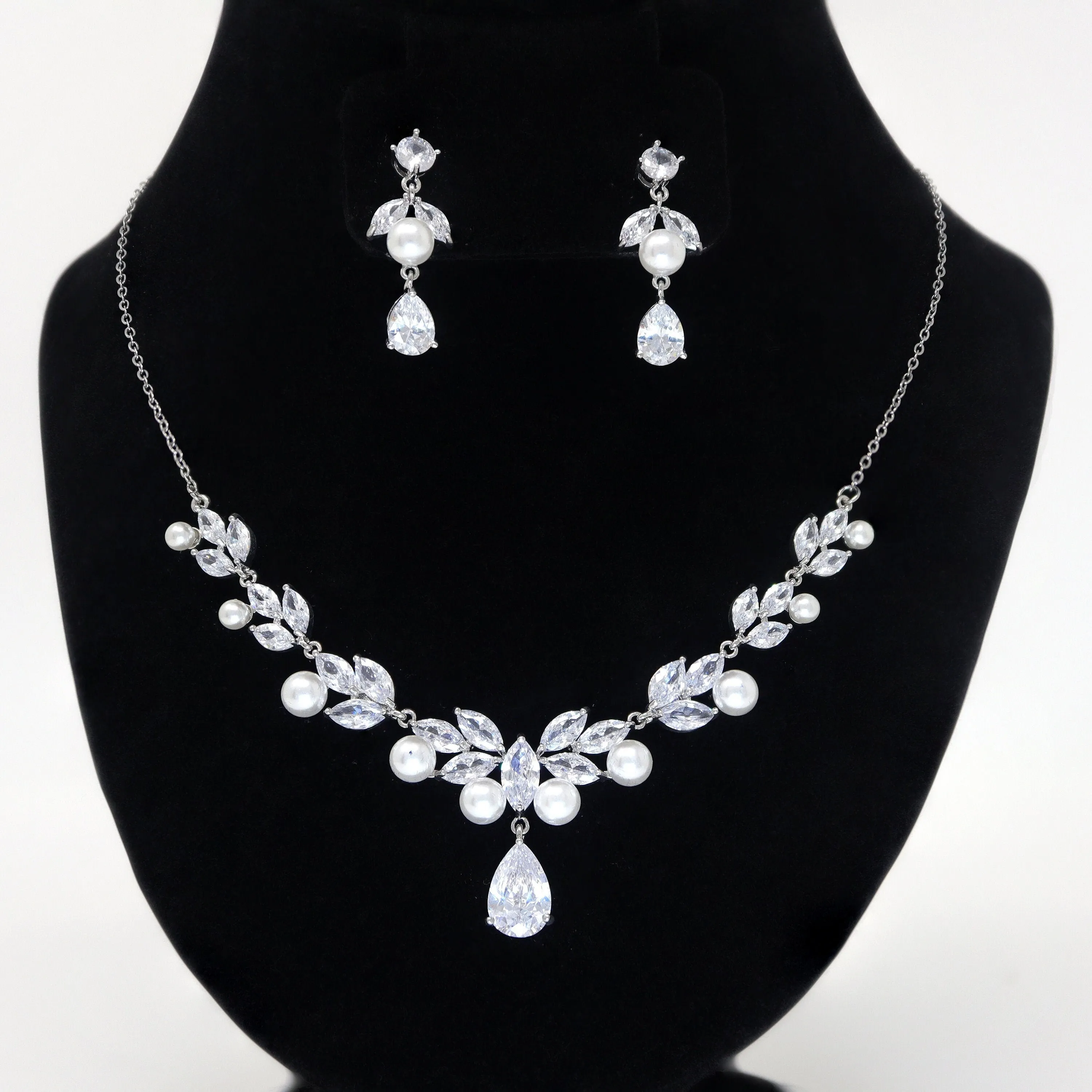 Swarovski Crystal Enchanting Floral Pearl Leaves Necklace Set, Long Bridal Jewelry, Bridal Earrings And Necklace, Statement Earrings Cz.