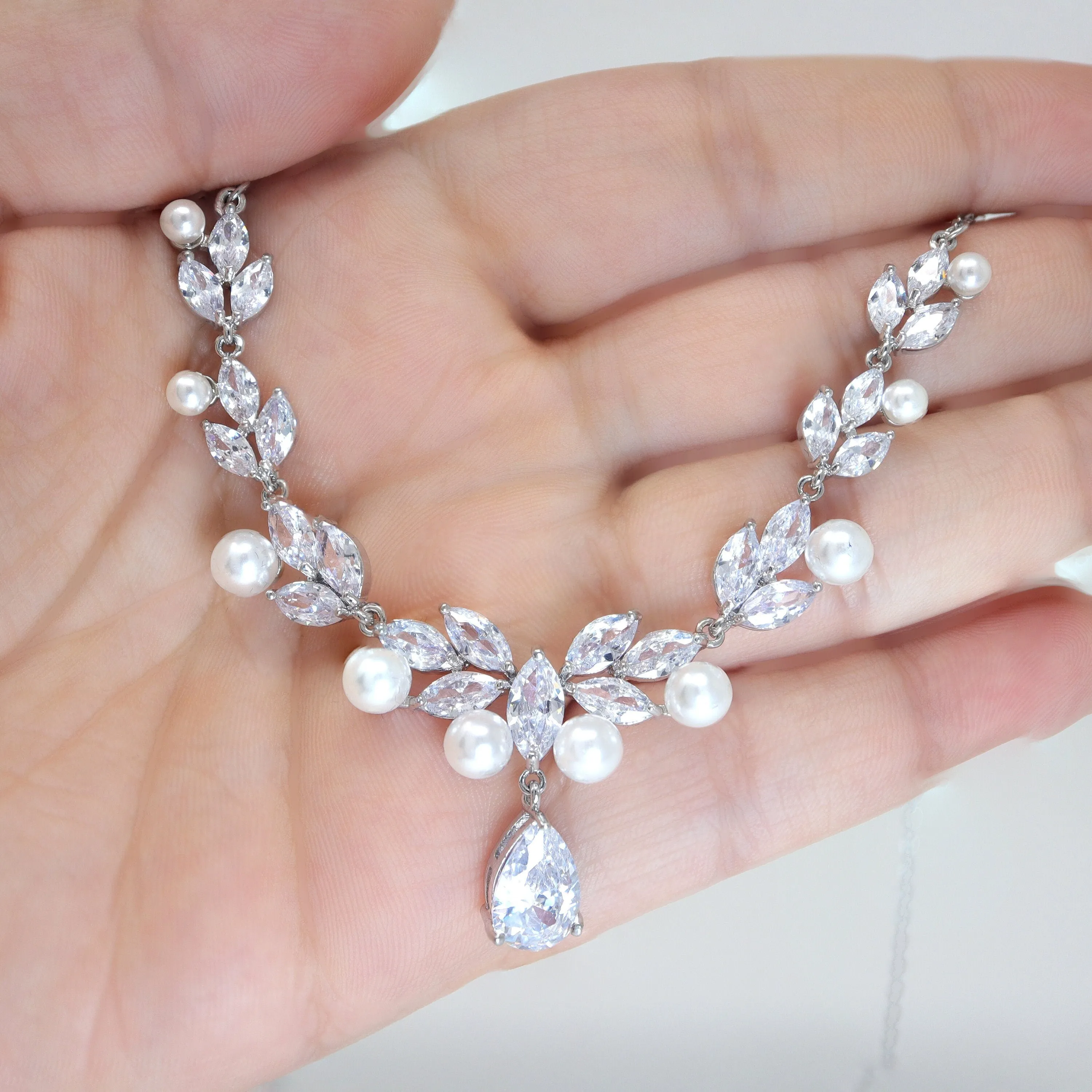 Swarovski Crystal Enchanting Floral Pearl Leaves Necklace Set, Long Bridal Jewelry, Bridal Earrings And Necklace, Statement Earrings Cz.