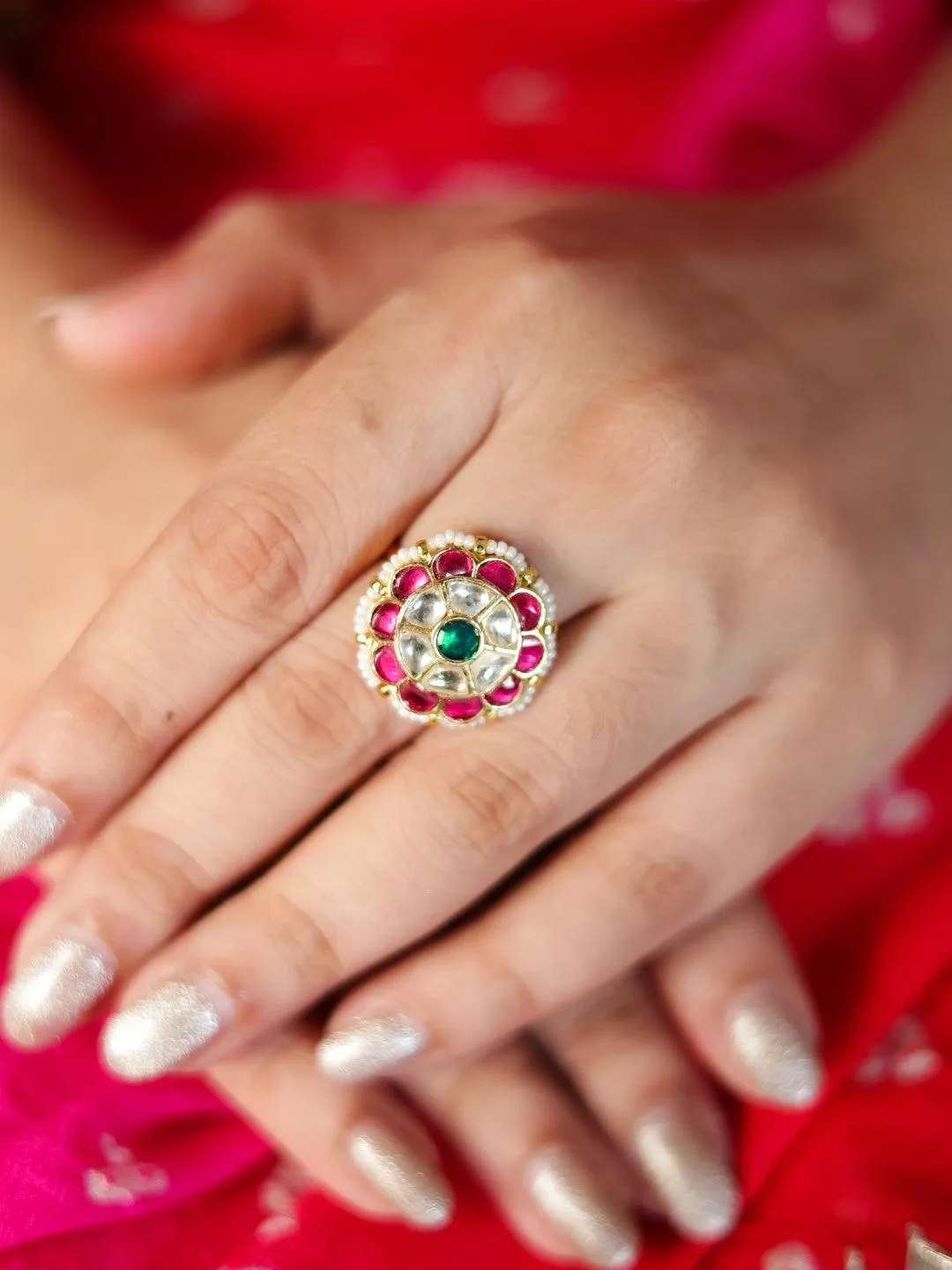 Tiny Patchi Kundan Ruby Emerald Ring