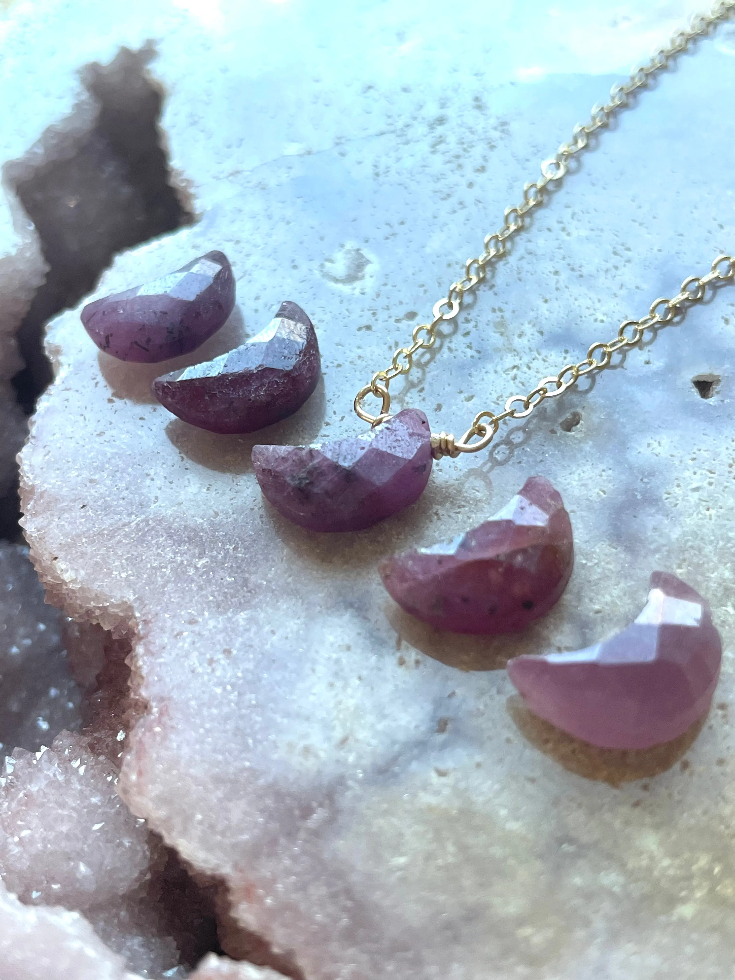 Tiny Ruby Moon Crystal Necklace