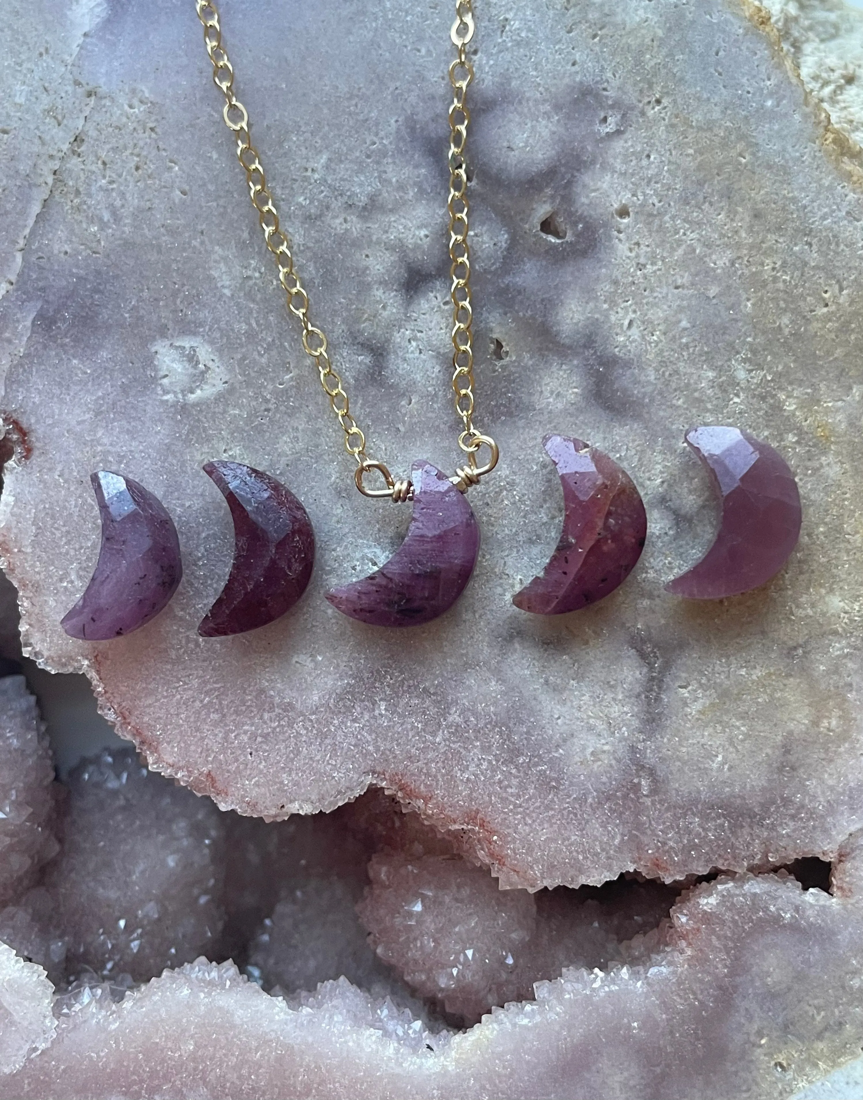 Tiny Ruby Moon Crystal Necklace