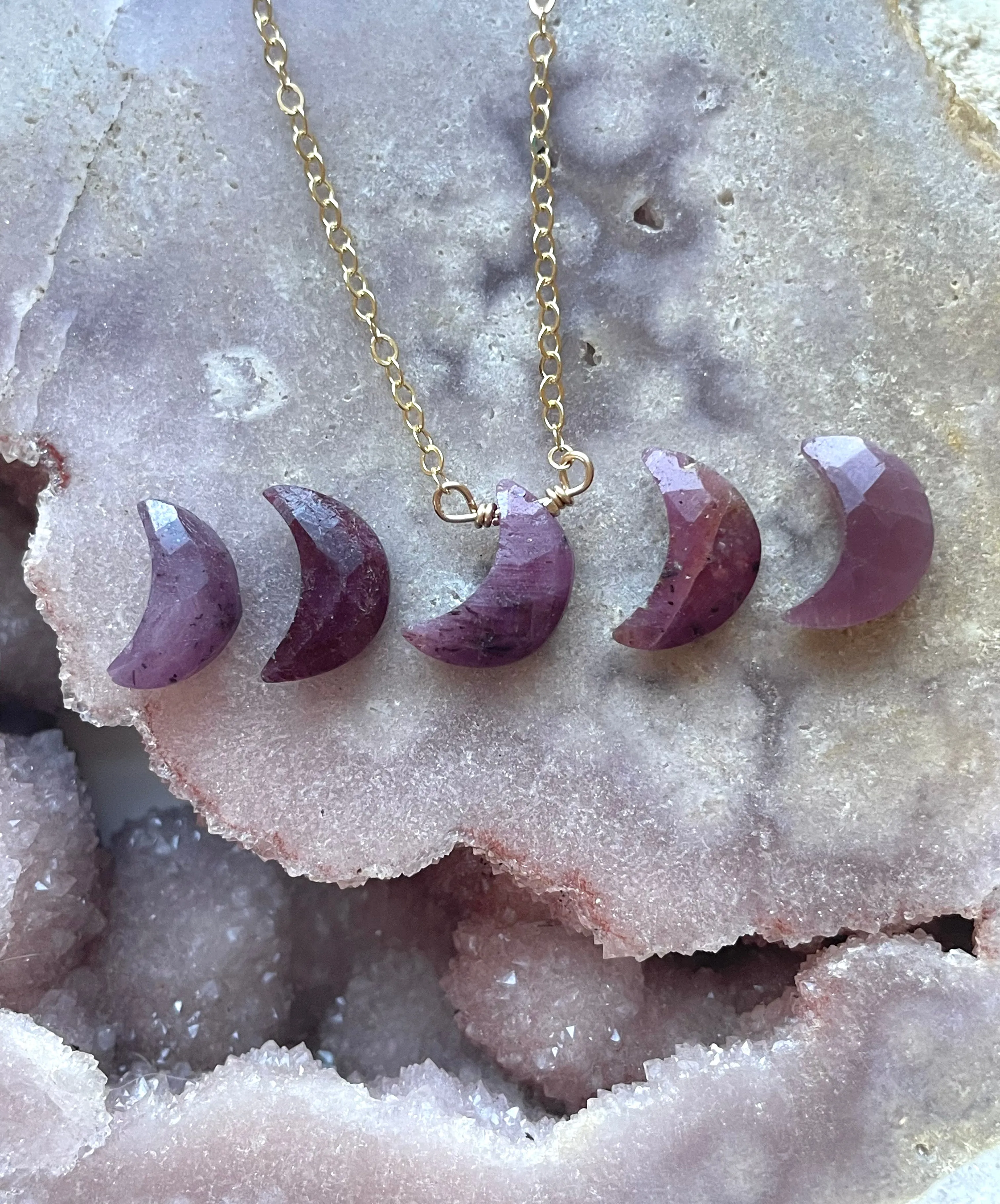 Tiny Ruby Moon Crystal Necklace