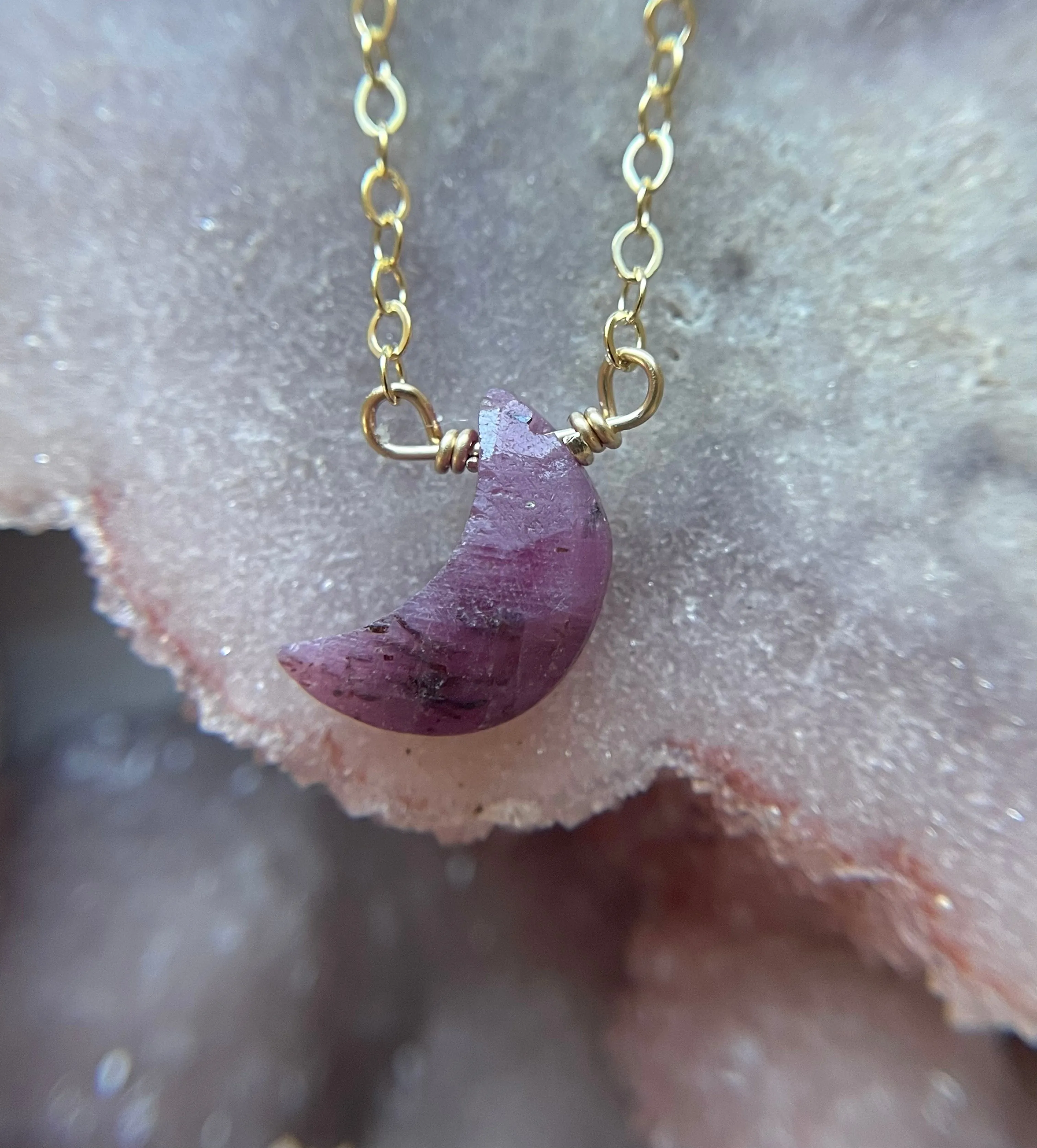 Tiny Ruby Moon Crystal Necklace