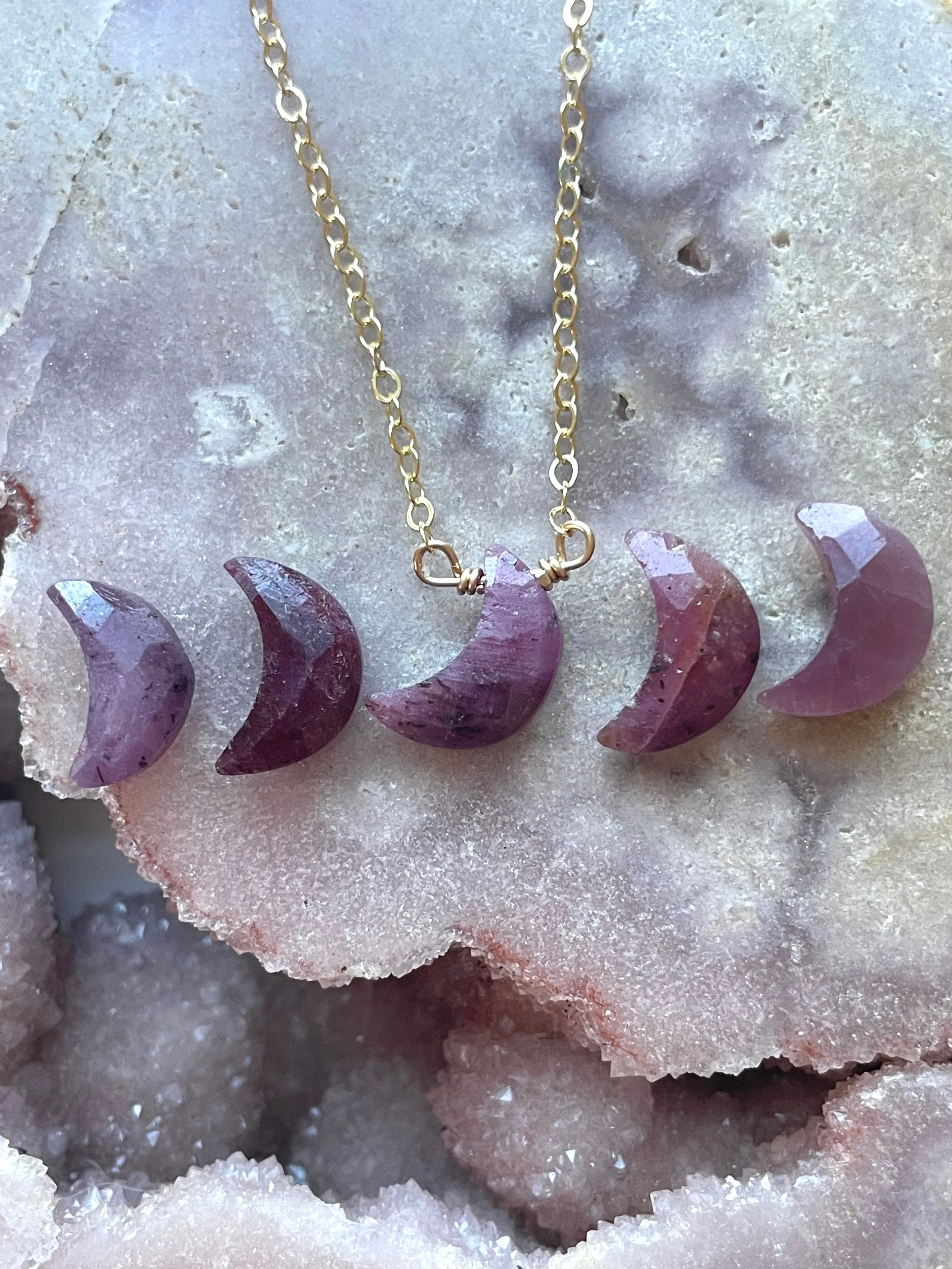 Tiny Ruby Moon Crystal Necklace