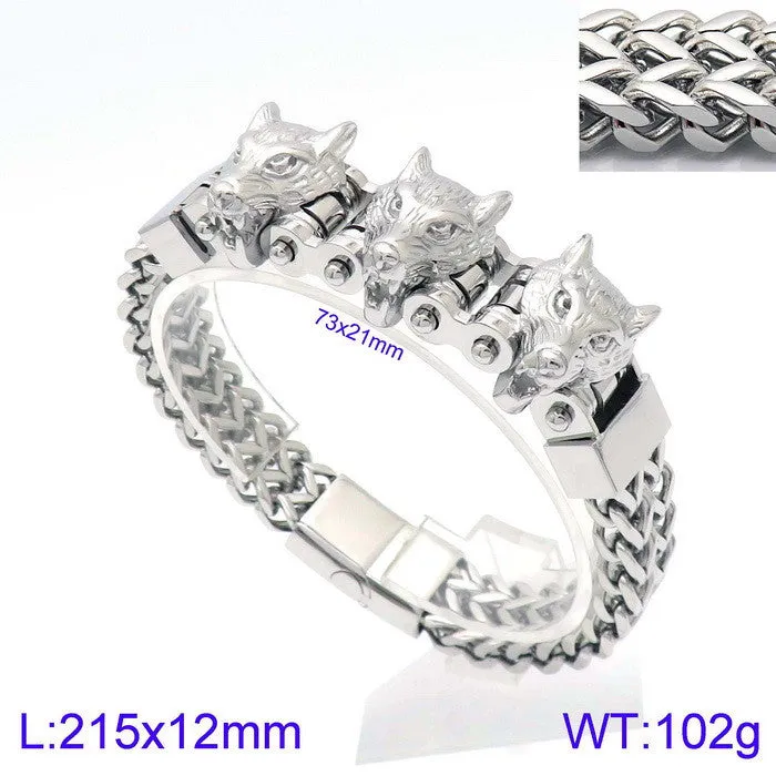 Titanium Steel Men's Bracelet with Skull, Wolf, and Lion Heads - Bold Fashion Statement