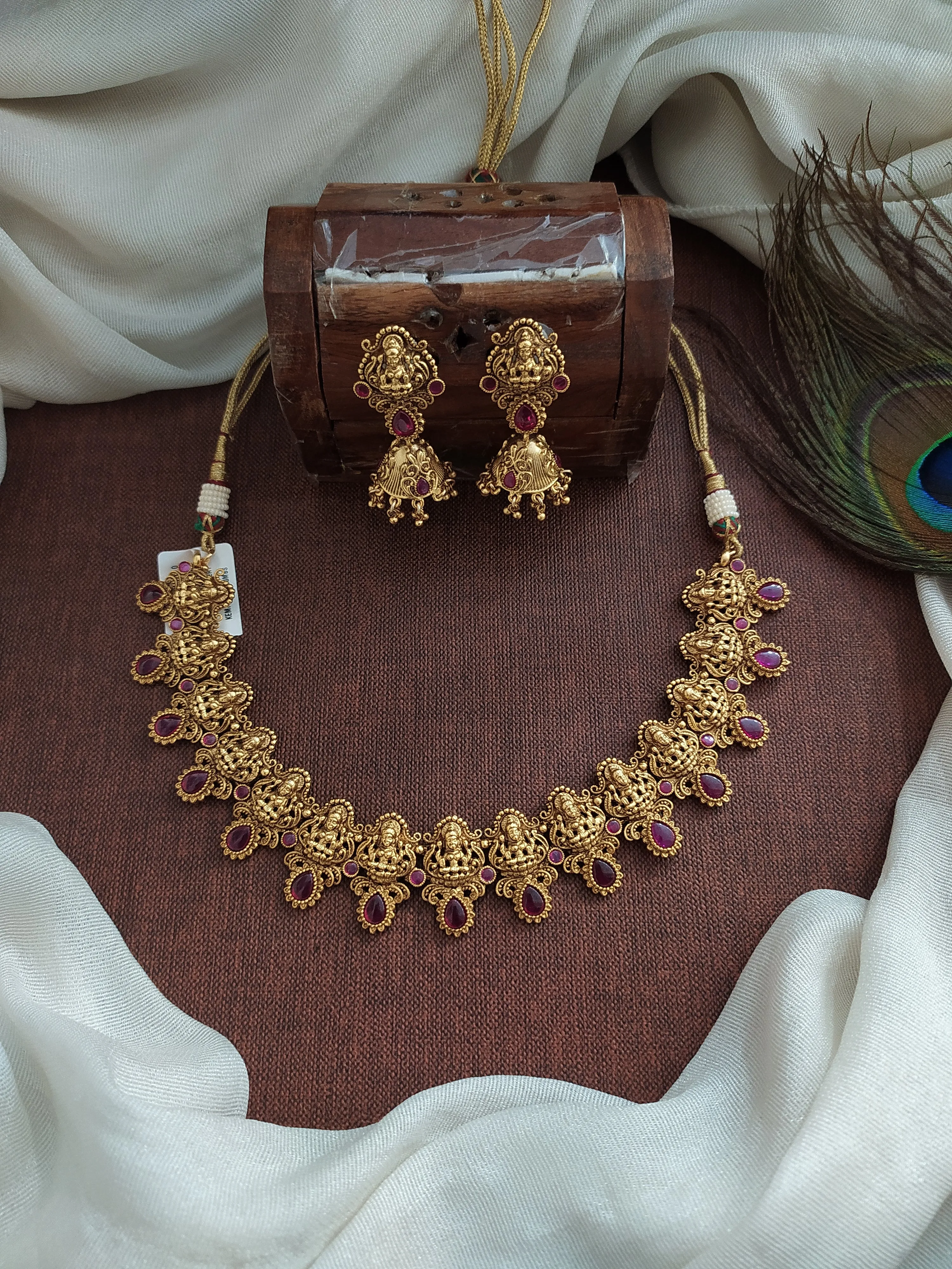 Traditional Antique Lakshmi Motif Necklace with Ruby Stones