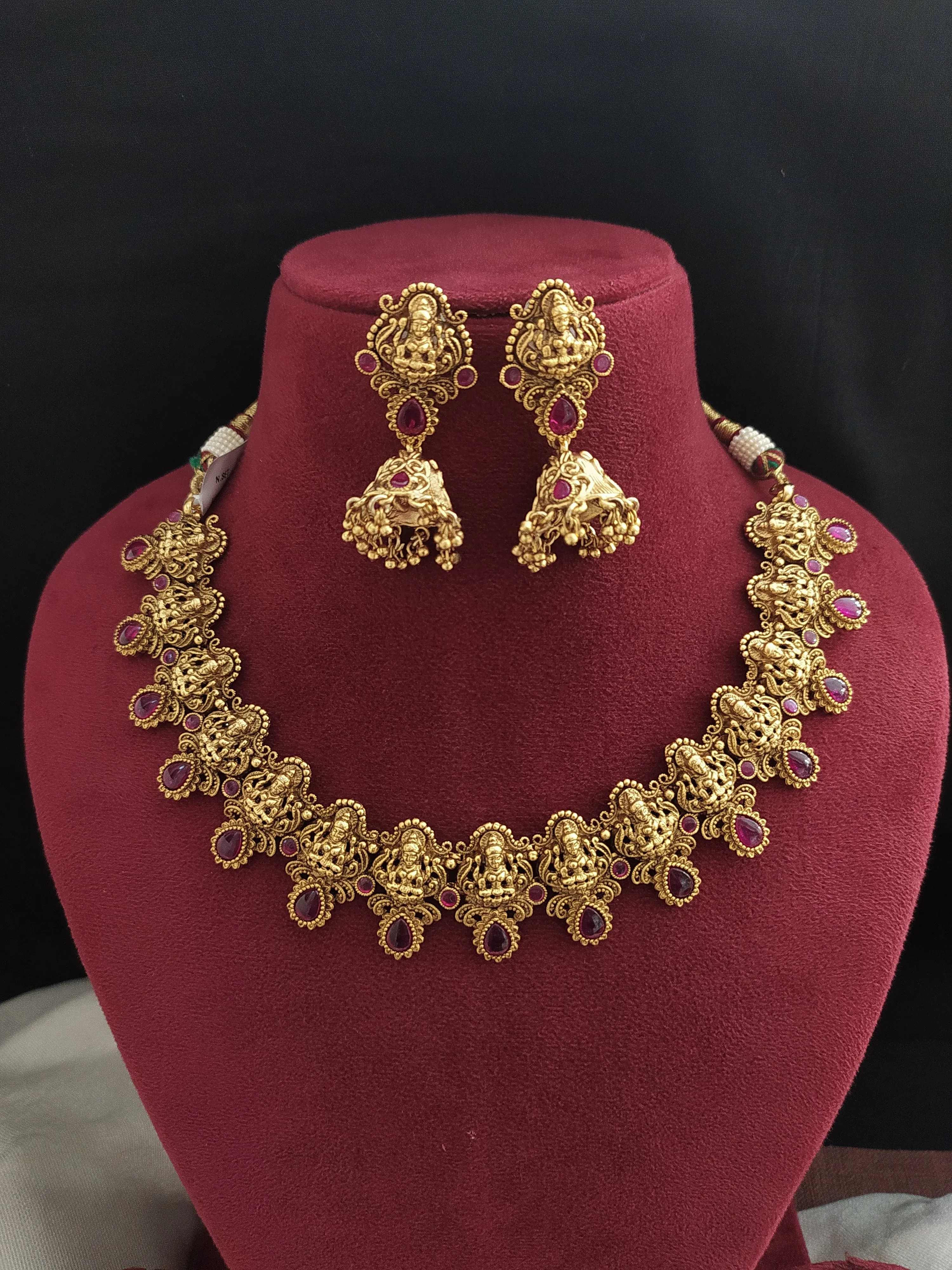 Traditional Antique Lakshmi Motif Necklace with Ruby Stones