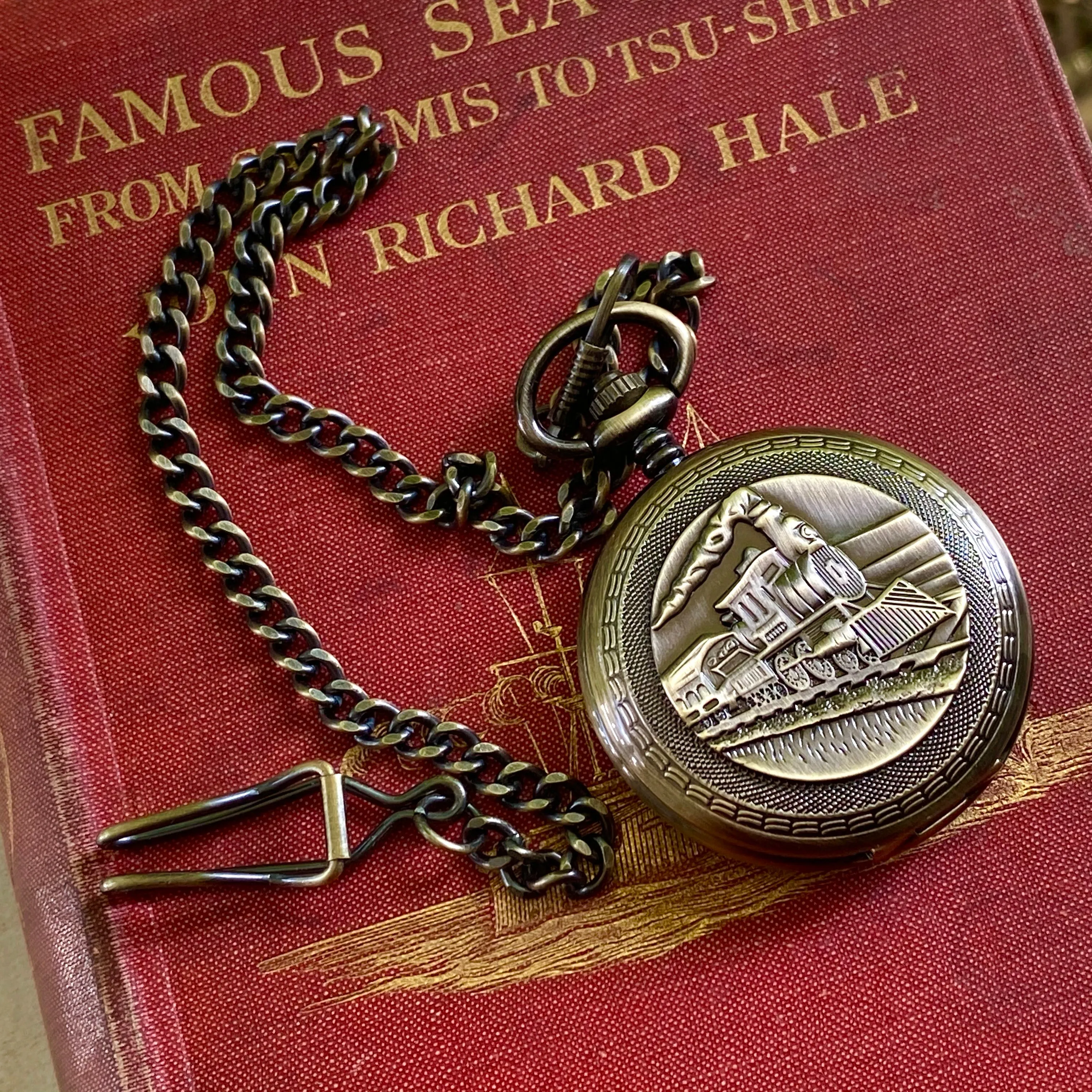 Train Brass Mechanical Pocket Watch -on Fob or Necklace