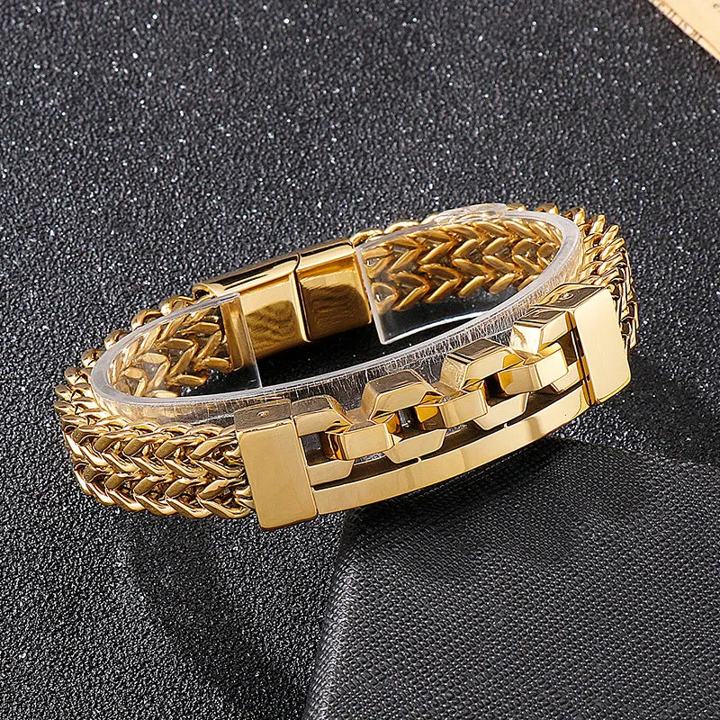 Trendy European-American Square Hollow Titanium Steel Bracelet for Men