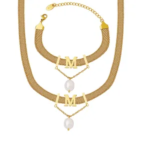 Trendy European Style M Letter Jewelry Set with Tassel Pearl Accent