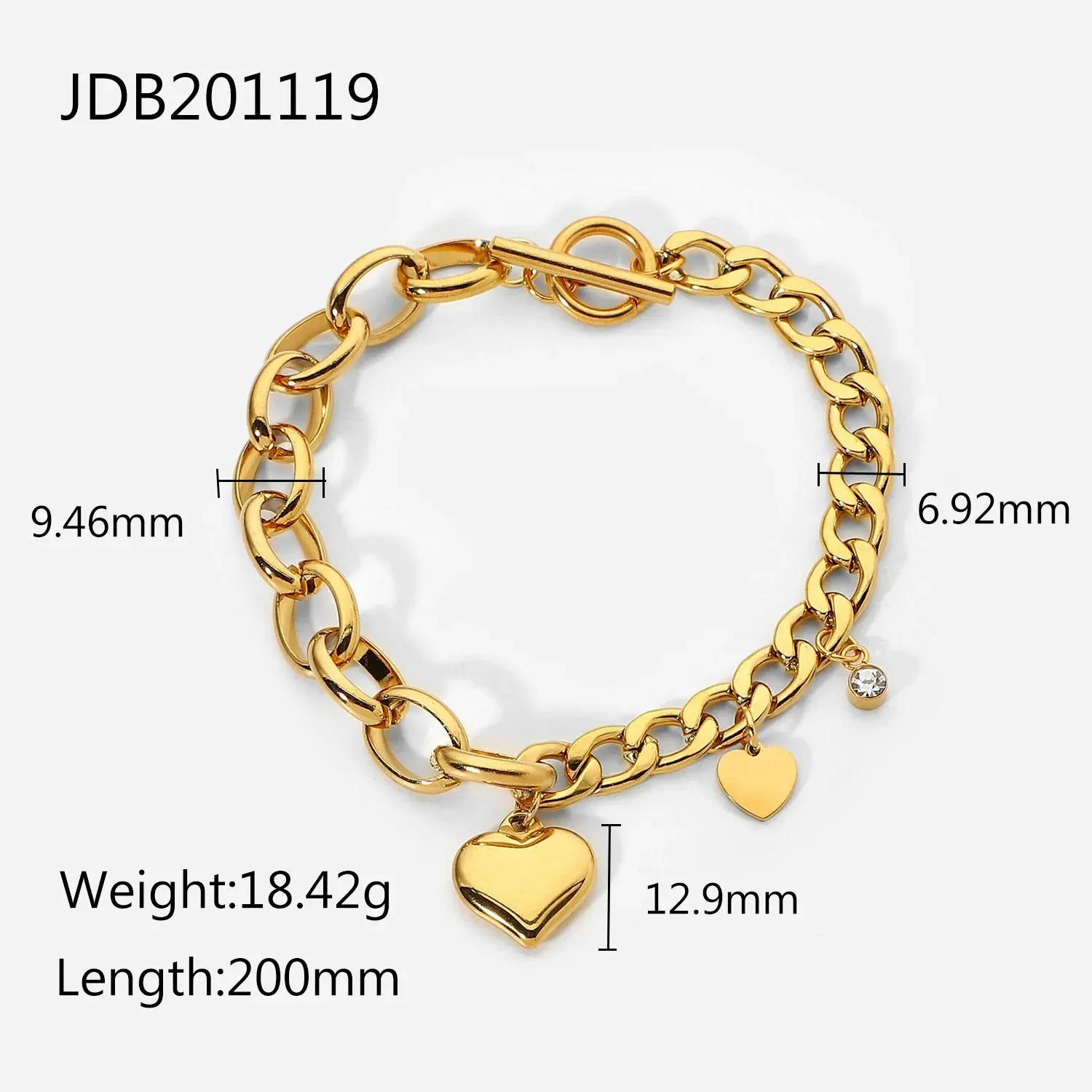 VAIGE Chunky Stainless Steel Cuban Chain Bracelet with 18k Gold Plated Zircon Heart Charm and Lobster Claw Clasp, Trendy Fashion Jewelry